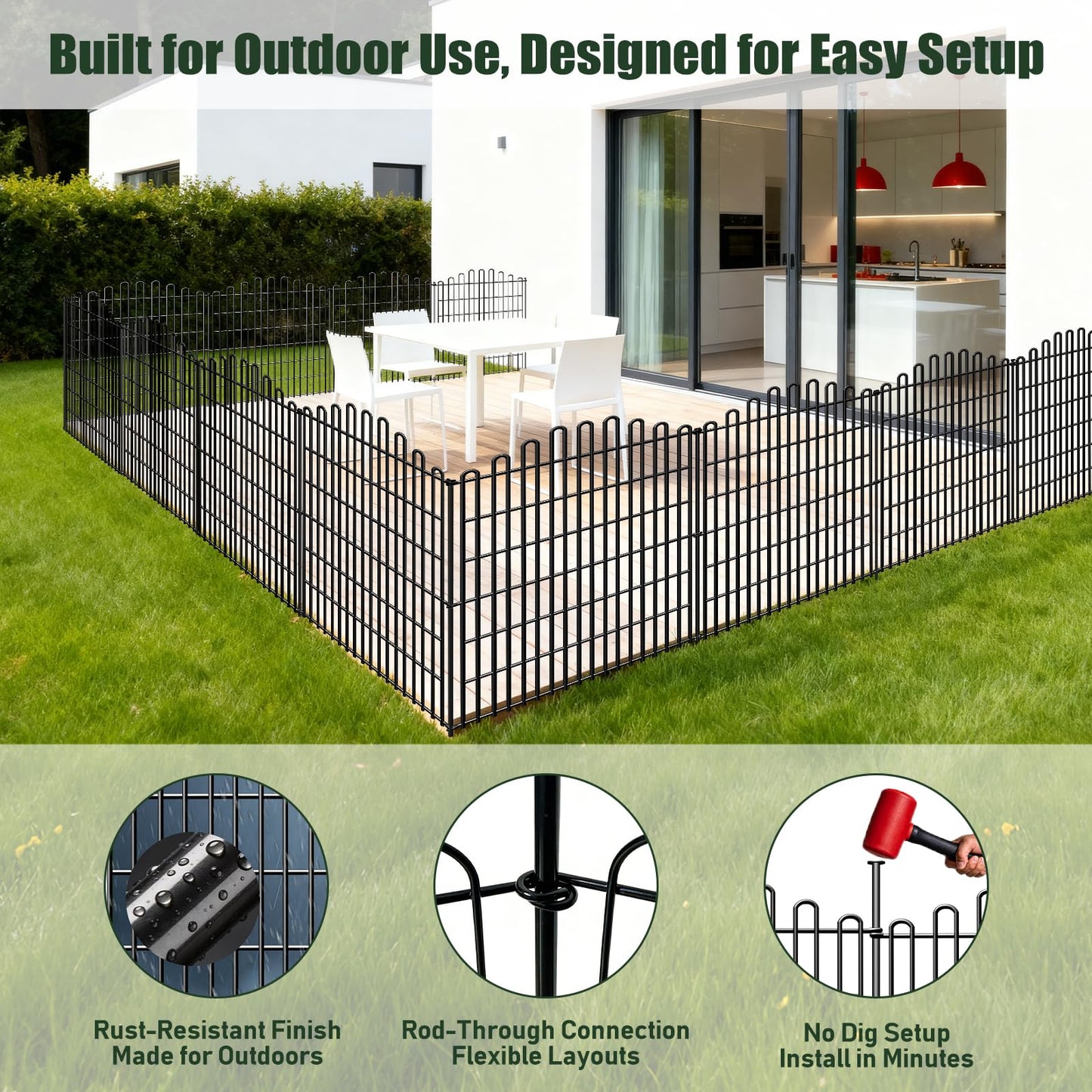 10 Panels No Dig Decorative Garden Fence, 33in H x 23.6ft L Animal Barrier Fencing, Rustproof Dog Fence Outdoor for Yard, Metal Wire Panel Border, Classic Arched-Top Panels for Patio, Flower Bed