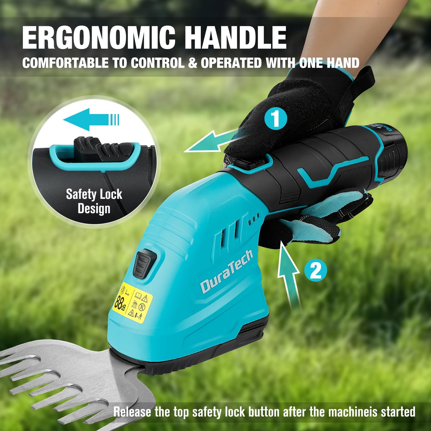 DURATECH Cordless Hedge Trimmer, 12V 2-in-1 Handheld Grass Trimmer & Hedge Shears Included 2.0Ah Li-Ion Battery, Charger & Storage Bag, Electric Grass Shear & Shrubbery Trimmer for Garden Yard Lawn