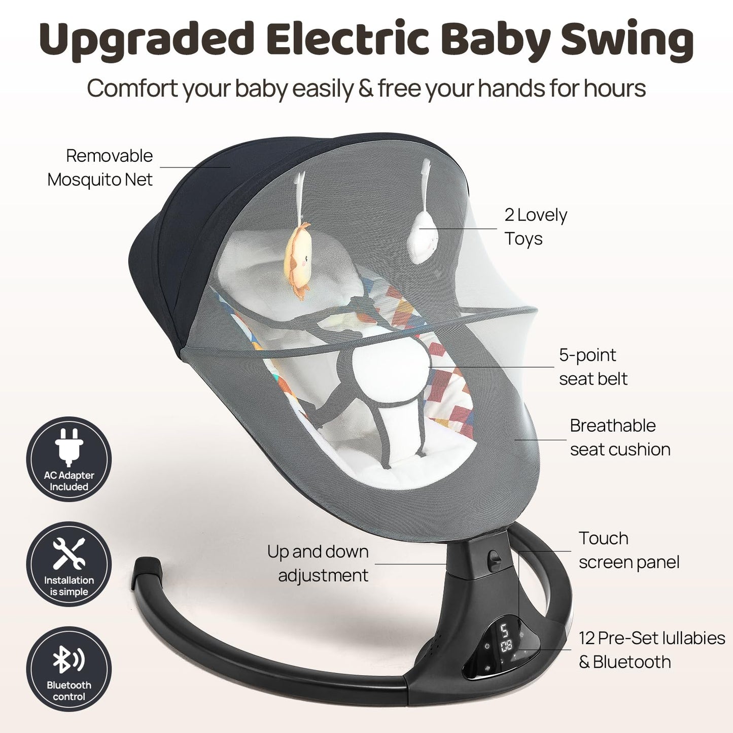 Baby Swing for Infants, Modern Infant Swings with Bluetooth & Remote Control, 5 Speed Motions, 12 Soothing Sounds, Portable for Newborns (Max 20 lbs Black)