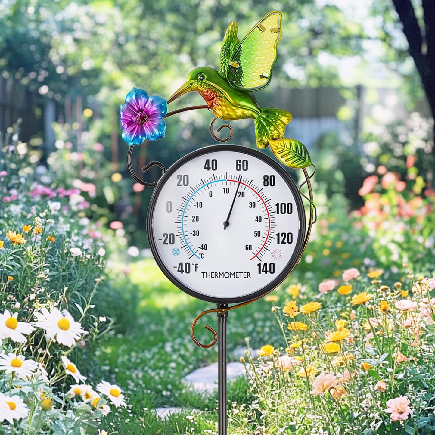 Outdoor Indoor Wall Thermometer with Hummingbird Metal Stake Outside Waterproof Decorative Temperature for Lawn Yard Pathway Patio Decorations