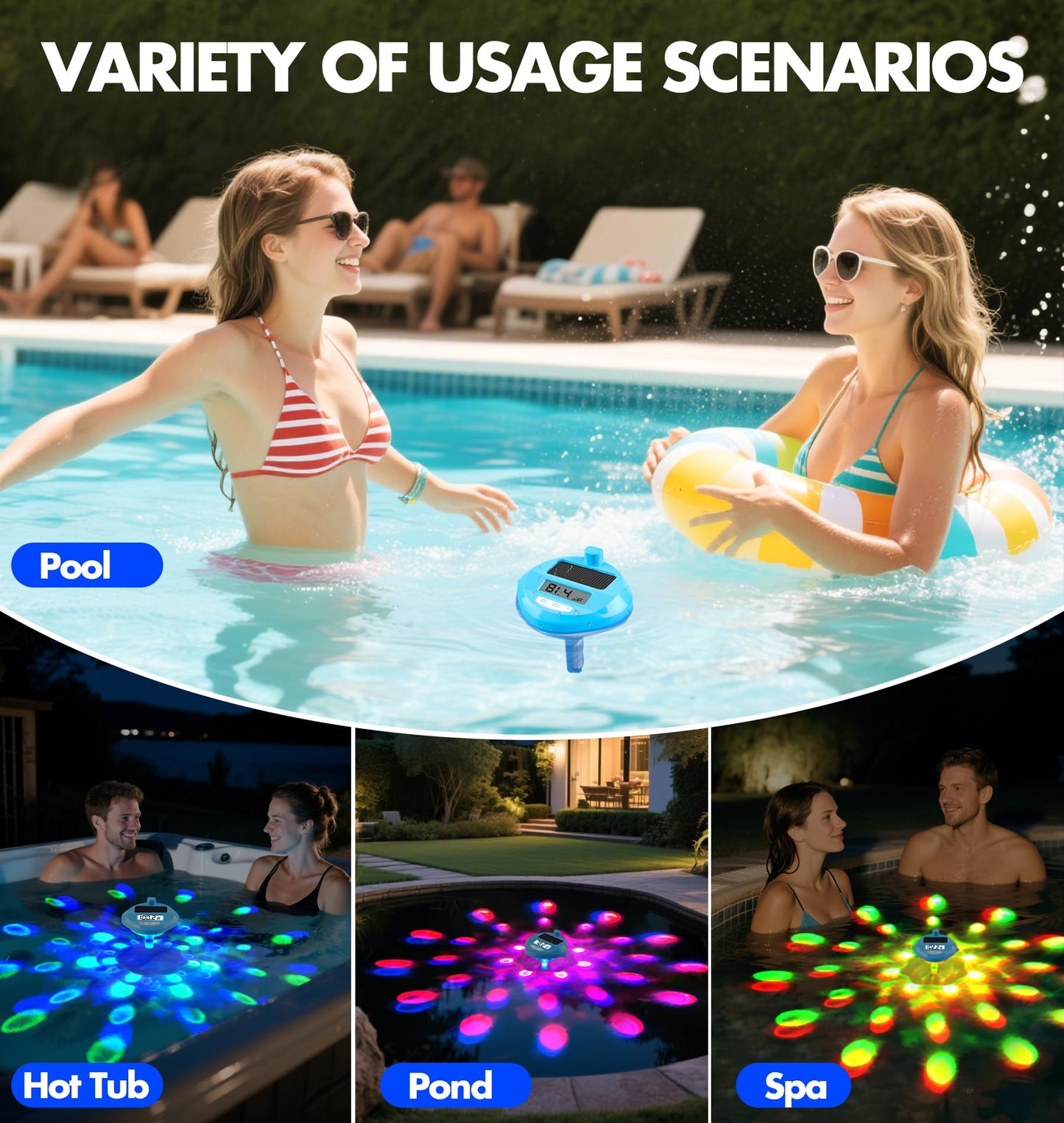 Pircaath 2025 Solar Wireless Pool Thermometer | Dynamic LED Light Show & Dual Backlit Display - Easy Read, 650FT Wireless Transmission | Floating Pool Water Temperature Gauge for Pools & Spas