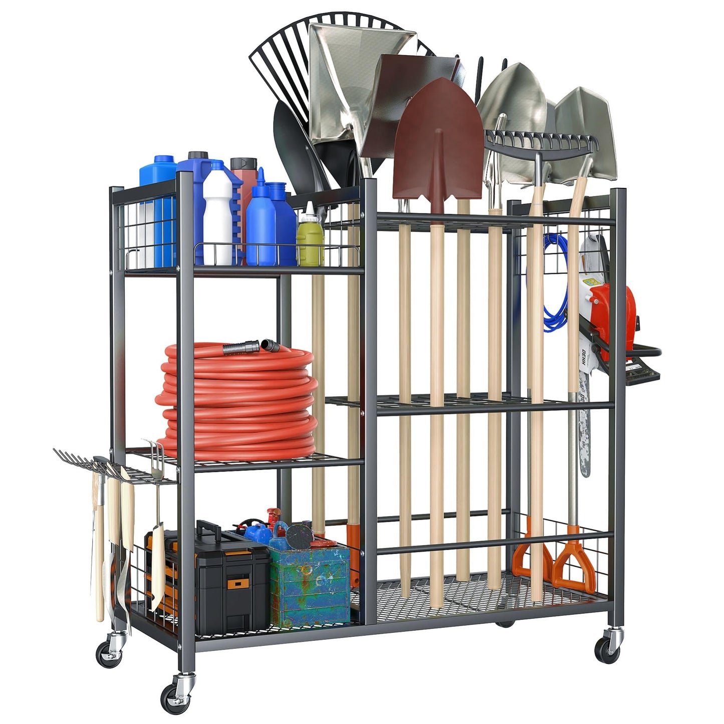 TORACK Garden Tool Stand with Wheels, Rakes Shovels Holder Yard Tools Organizer for Garage, Garden, Shed Indoor/Outdoor Long-Handled Tools Cart(Tool stand with side shelves)