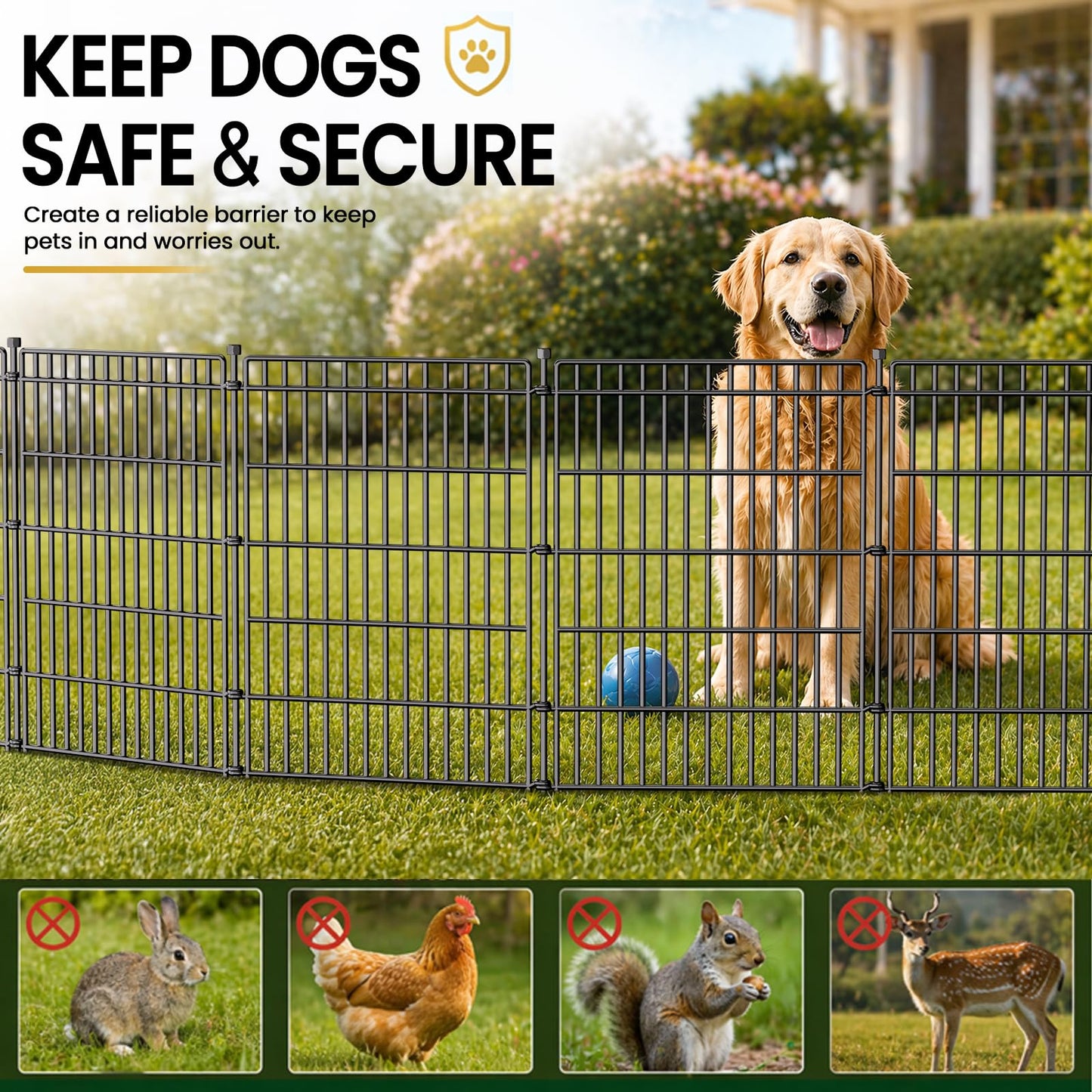8 Panels No Dig Garden Fence with Gate, 48in(H) × 21ft(L) Decorative Metal Outdoor Dog Fence, Rustproof Pet Fencing for Yard, Patio, Flower Bed -Temporary Fencing| Easy to Install