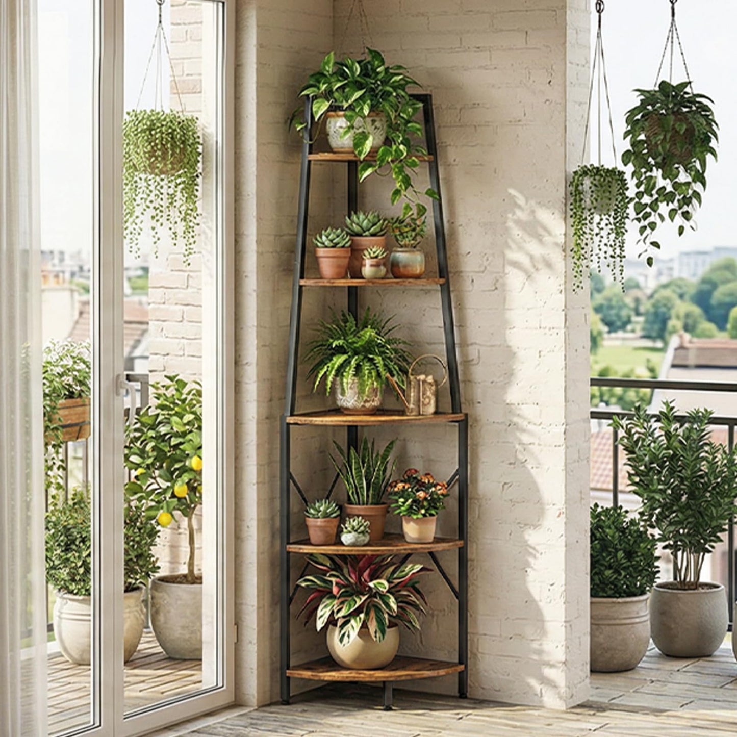HOOBRO 5-Tier Corner Shelf with Lights, 67.9” Tall Corner Shelf Stand, Industrial Corner Bookshelf, Corner Plant Stand Display Shelf, for Living Room, Kitchen, Home Office, Rustic Brown BF120DCJ01