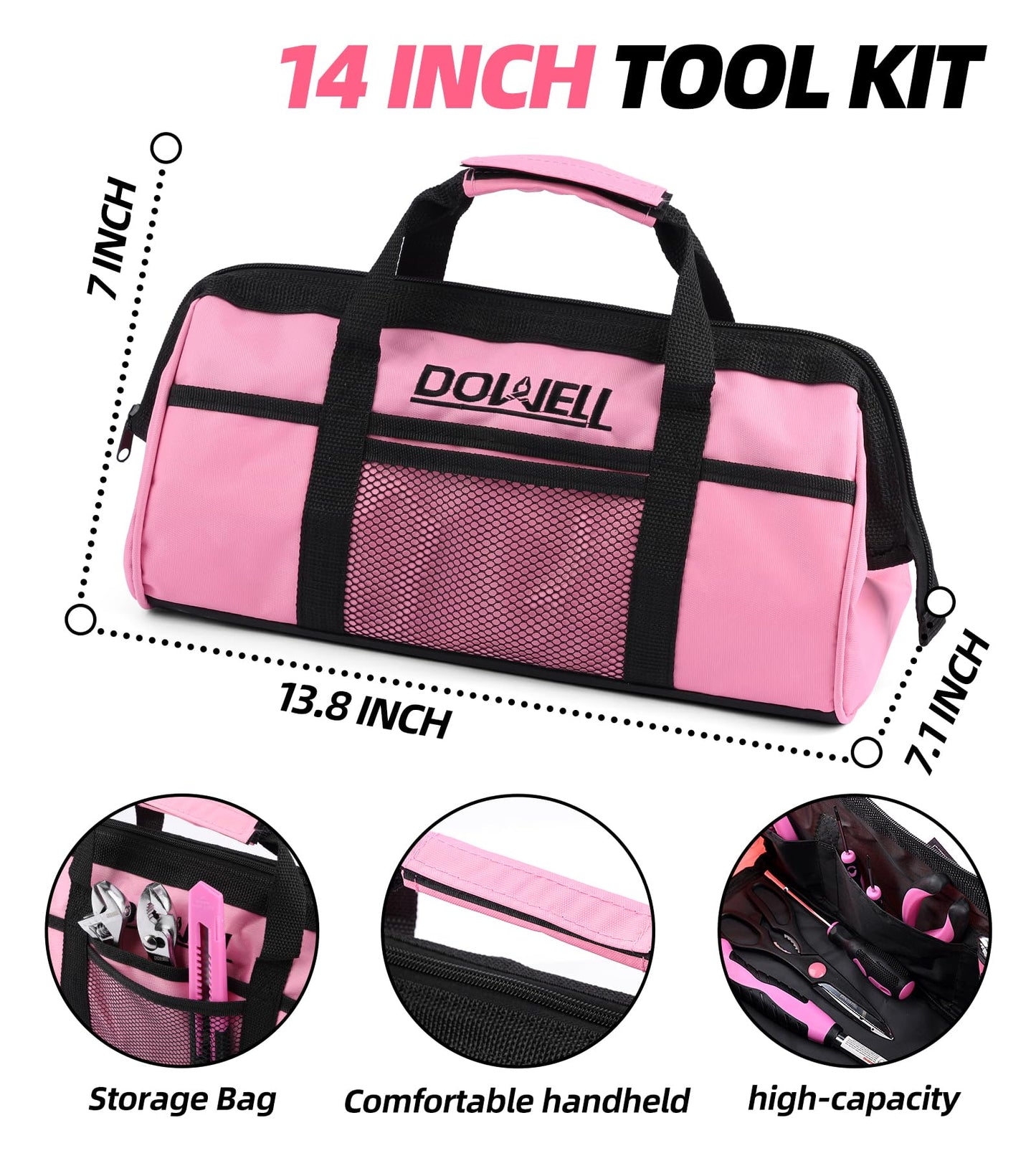 DOWELL Pink Tool Kit 140PCS for Women, Girls, Ladies, Household Tool Set with 14” Tool Bag