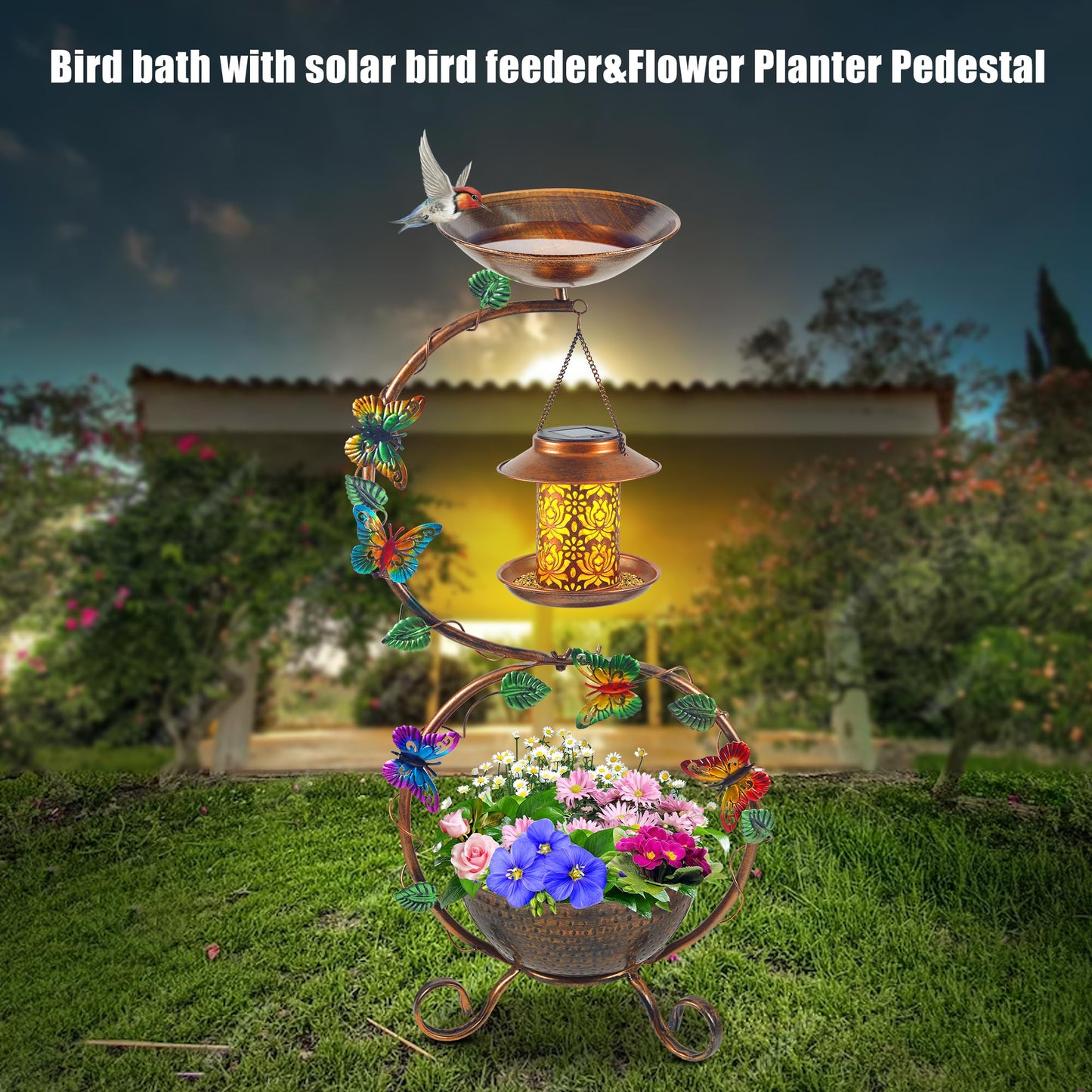 YYWMWM Metal Birdbath with Flower Planter Pedestal and Solar Bird Feeders Combo for Outdoor, Decorative Bird Bath with Butterfly for Garden Yard Outside