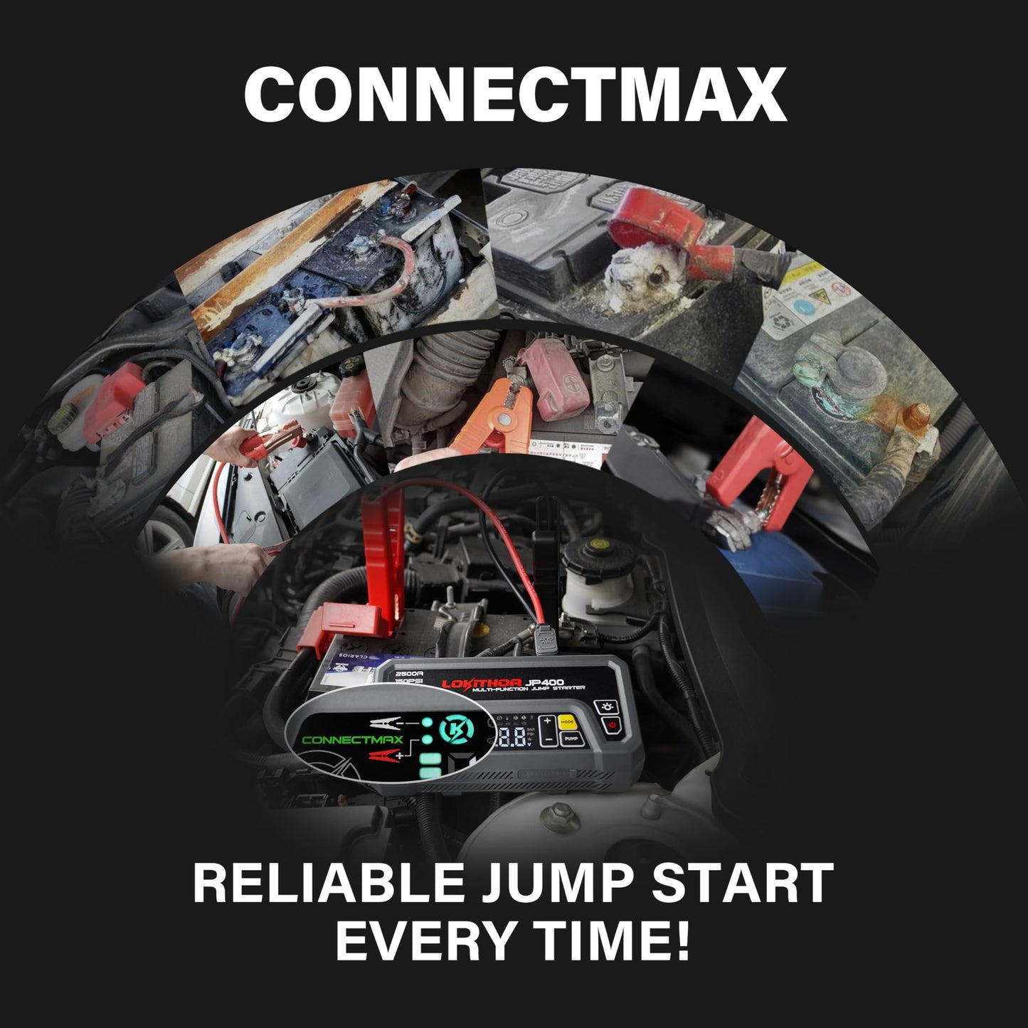 LOKITHOR JP400 Jump Starter with Air Compressor, 2500A 12V Car Battery Jumper Starter Portable (8.5L Gas/6.5L Diesel) Jump Box for Car Battery with ConnectMax, 150PSI Tire Inflator, Jumper Cables