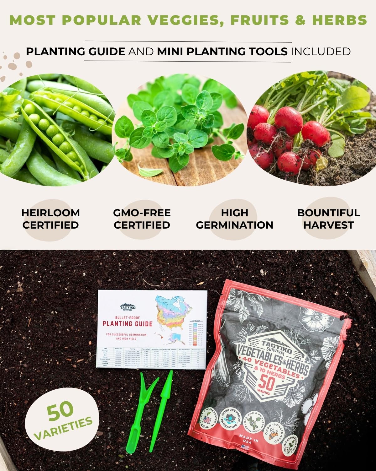 50 Tactiko Survival Vegetable, Herb & Fruit Seed Kit - U.S.A. Harvested Varieties - 37,000+ Non-GMO Heirloom Seeds - Emergency Seed Vault in Waterproof Mylar Bag - Long-Term Storage