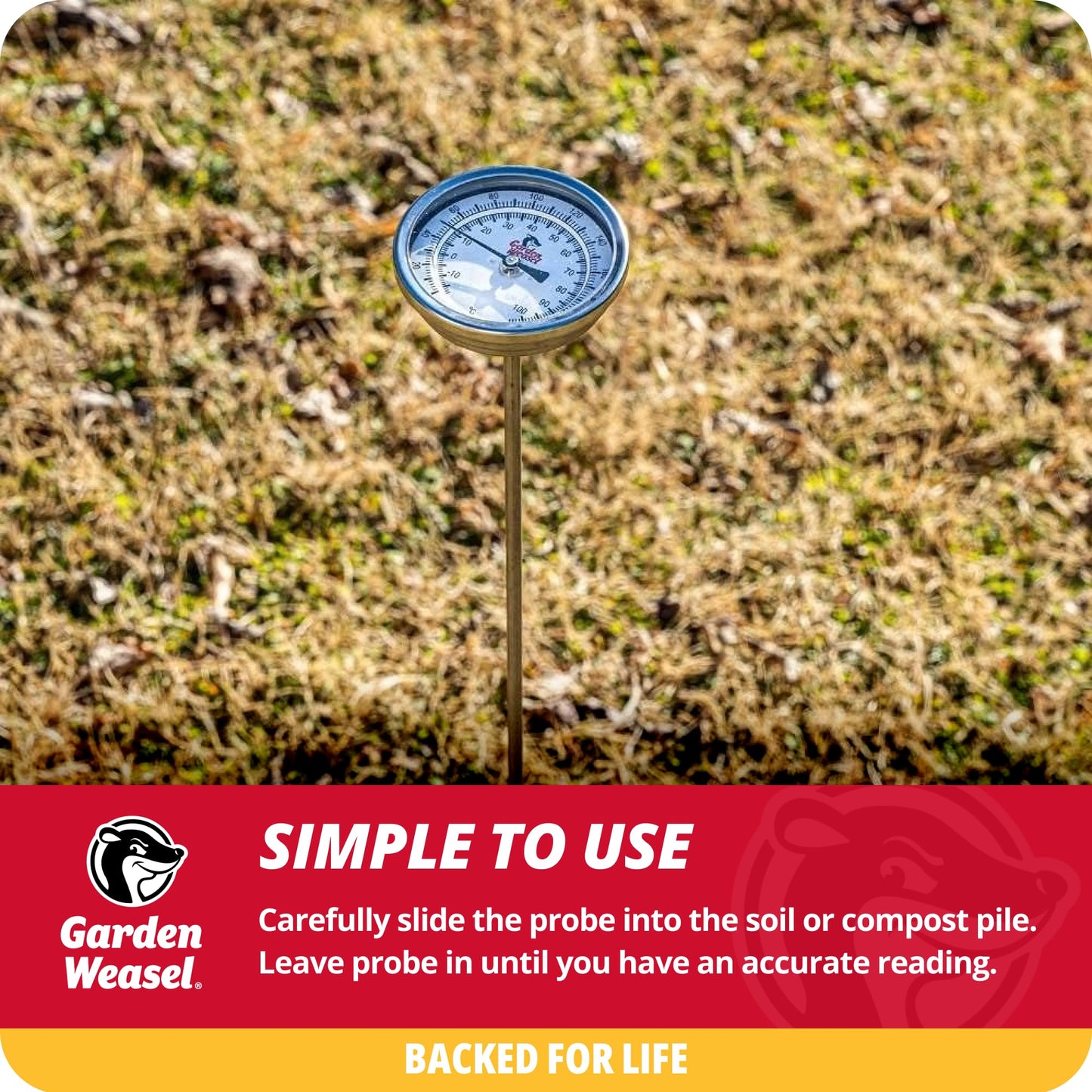 Garden Weasel Analog Soil & Composting Dial Thermometer - 36-Inch Probe | Measures 0 to 220 Degrees Fahrenheit | Soil Temperature, Worm Compost | 98001-A