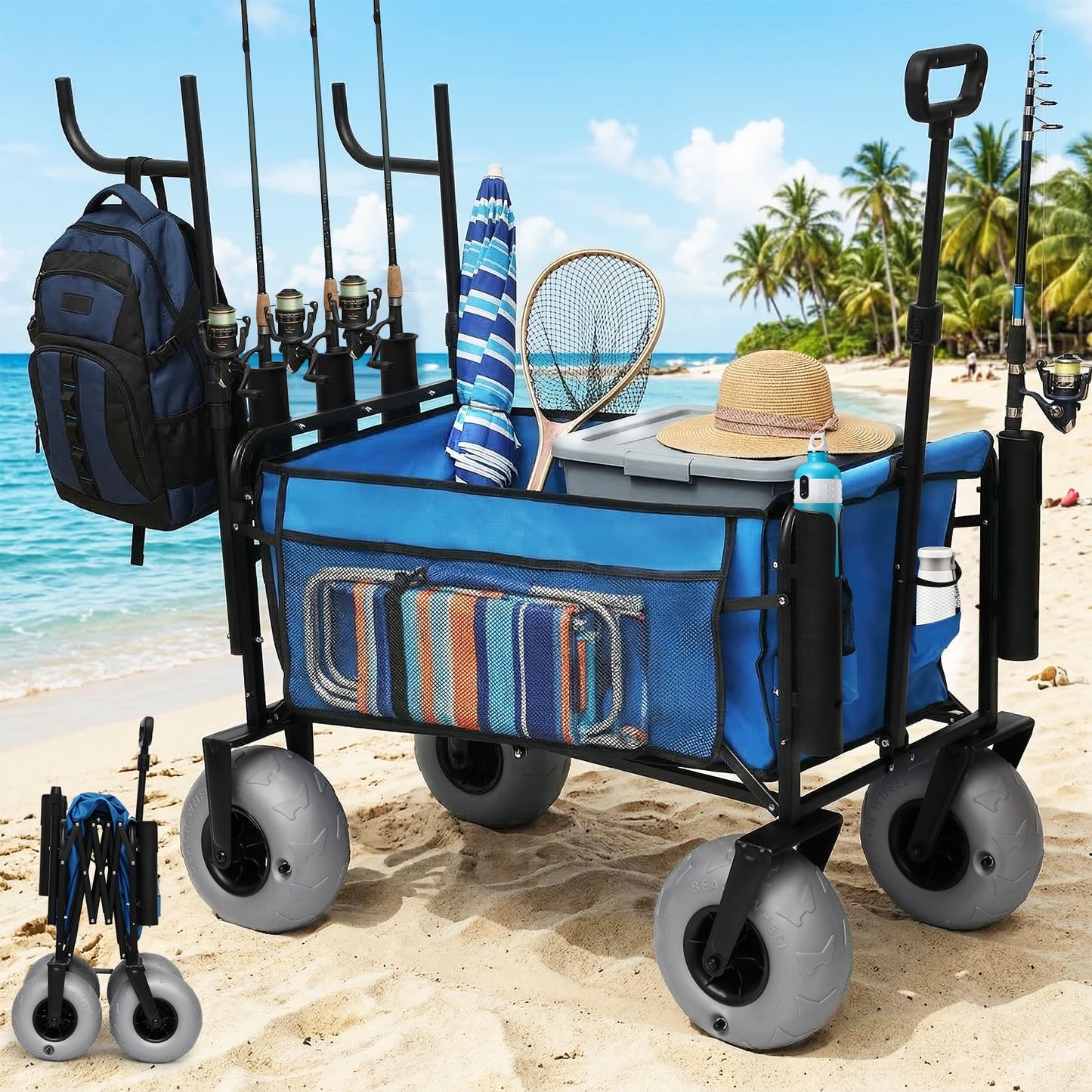 Fishing Cart with Big Wheels for Sand, 9" All-Terrain Wheels, Beach Wagon for Sand, Equipped with a Rod Holder and Side Pockets for All Your Fishing, Camping or Beach Supplies, Blue & White