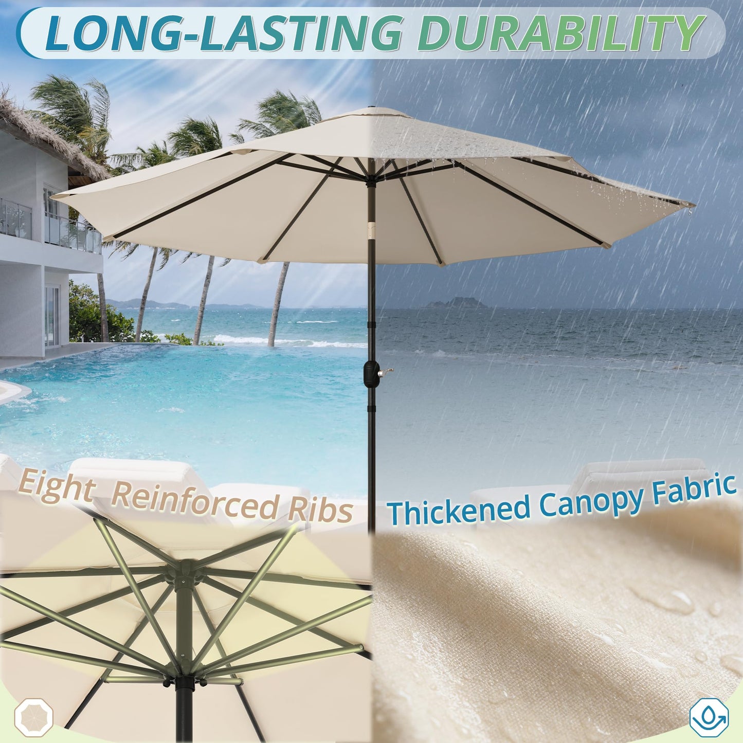 LUE BONA 10FT Patio Umbrella, Waterproof Outdoor Market Umbrella with Easy Crank & Tilt, Patio Table Umbrella for Deck Garden Backyard Pool, Beige