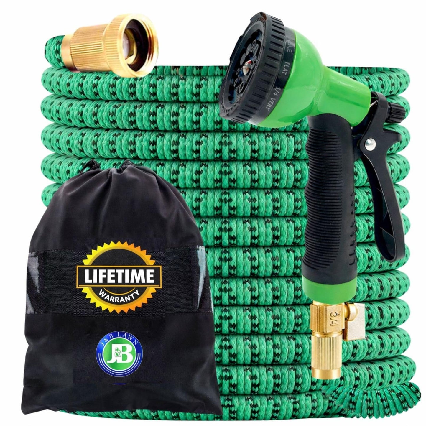 J&B XpandaHose 75ft Expandable Garden Hose – Ultra-Strong 3750D, 4-Layer Latex Core, Brass 3/4" Connectors, 10-Pattern Nozzle & Storage Bag – Lightweight, Kink-Reducing, Leak-Resistant