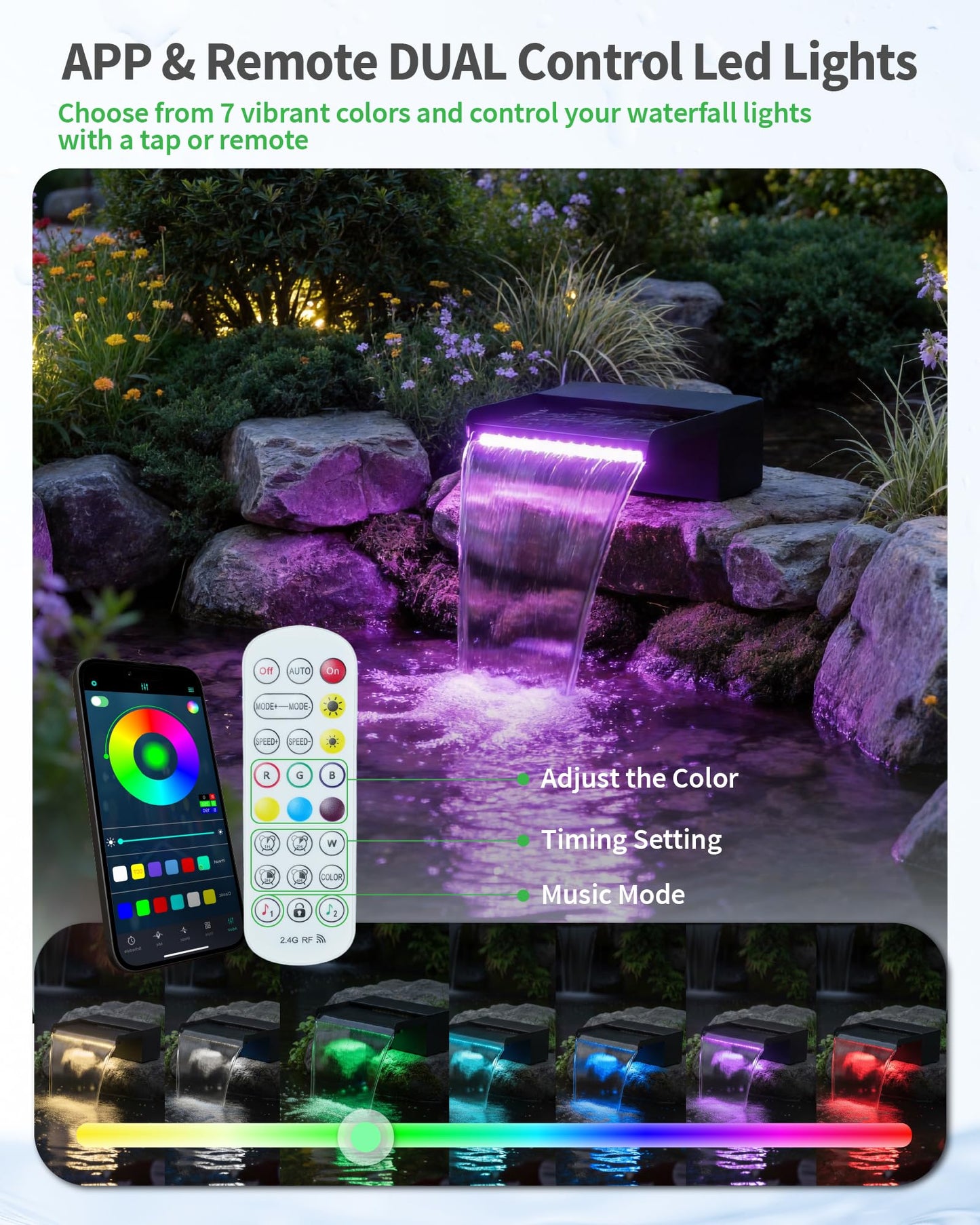 POPOSOAP 12inch Pond Waterfall Spillway with RGB LED Lights & 660GPH Pump Kit - APP/Remote Control, 304 Stainless Steel Pond Spillway with 9.8FT Tubing for Garden Ponds Landscape Water Features-P43DY