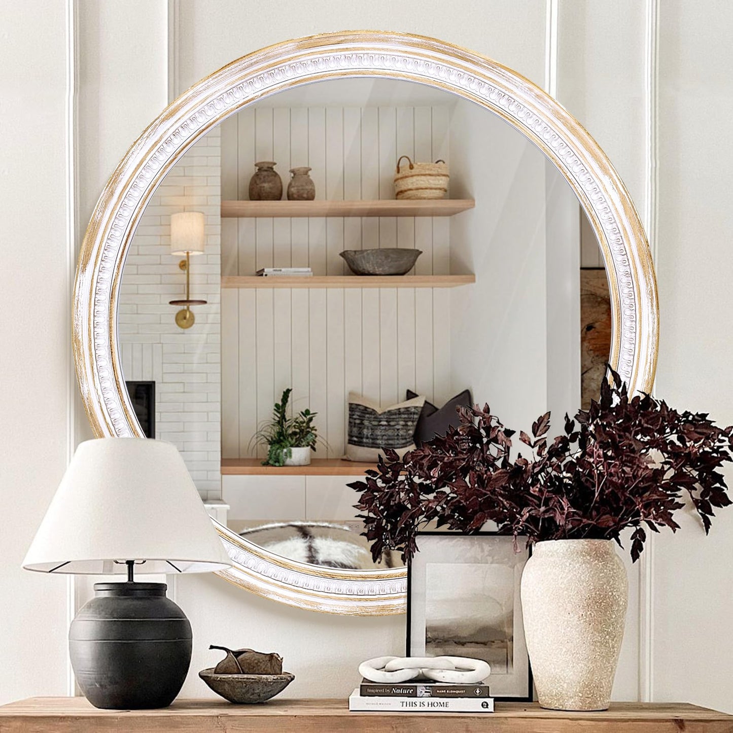 HOITUZYUS Farmhouse Round Wood Mirror 30 Inch, Rustic Boho Circle Decorative Mirrors for Bathroom, Living Room, Entryway, Bedroom, Hallway