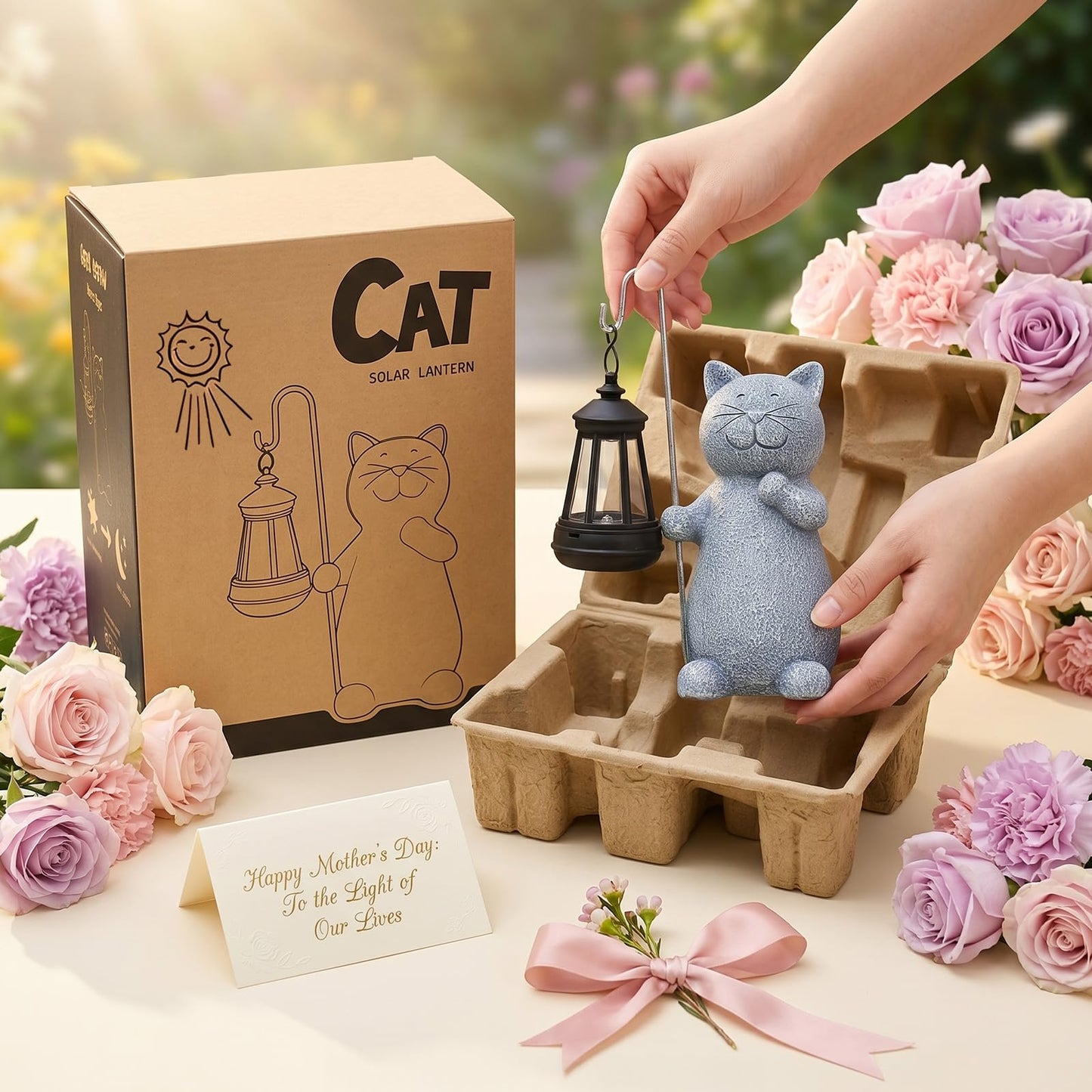 Qeeman Solar Cat Garden Statue: Weatherproof Resin Figurine with Warm Glow Lantern - Outdoor Decor for Yard Pathway Patio Porch Balcony - Gifts for Mom Grandma Cat Lovers