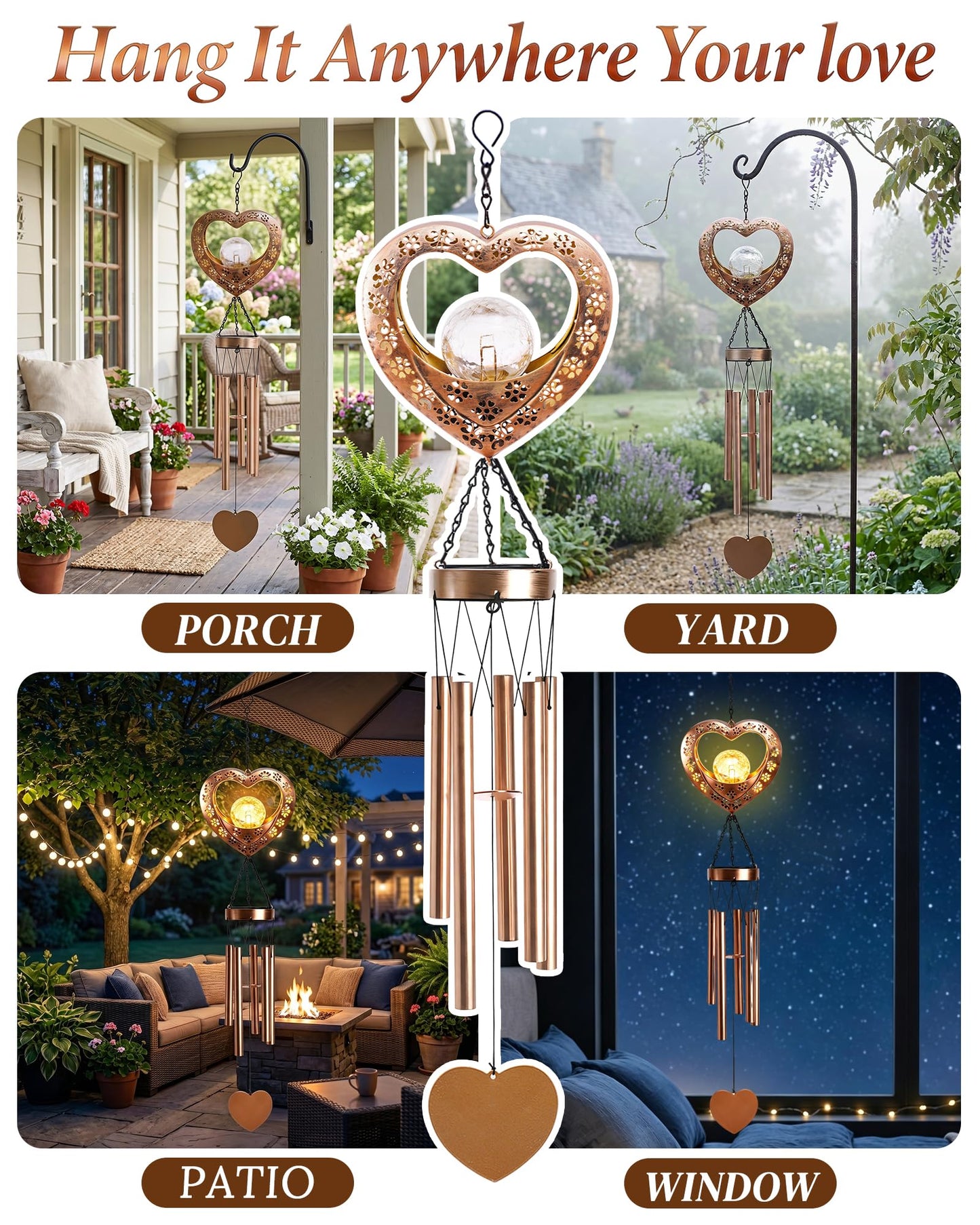 Nacome Solar Heart Wind Chimes for Outside: Weatherproof Metal Outdoor Decor Easy Hanging for Garden Patio Tree Window - Melodious Mother's Day Birthday Gifts for Mom Women Mom Grandma Her Wife