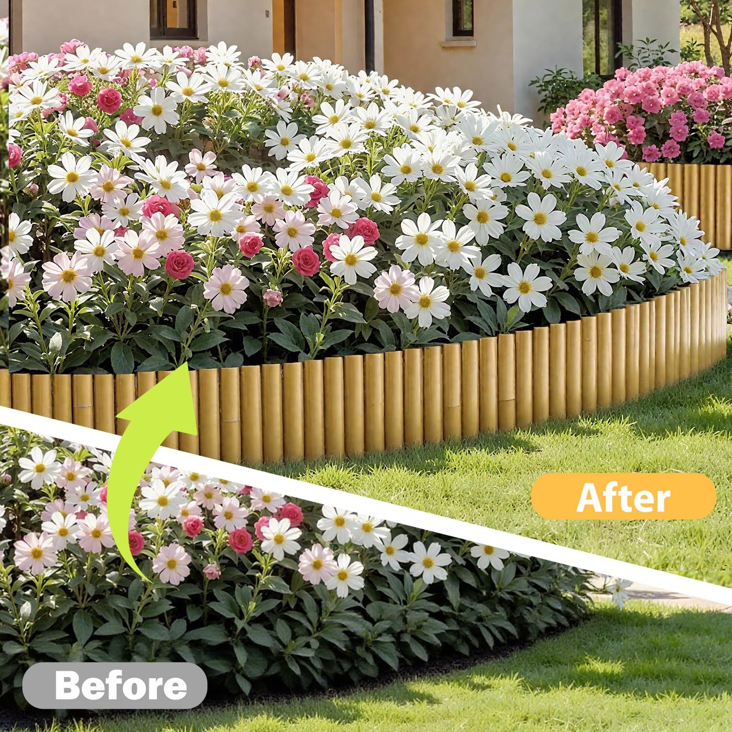 Jollybower 8x39IN Natural Bamboo Edging, Bamboo Garden Border Edging, Outdoor Landscape Edging for Decorative Garden, Patio Flower Garden Bed, Lawn, Yard, Pool Fences（1Pc with 3 Short Poles）