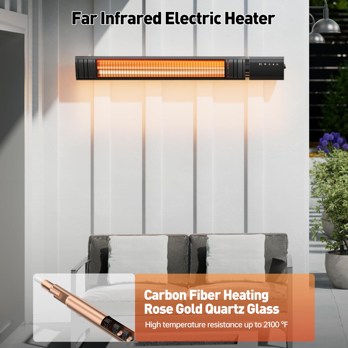 Ceiling Electric Outdoor Heater Wifi Control Wall-Mounted Hanging Patio 1500W Infrared 9 Heat Levels, 24H Timers, Carbon Fiber Tube Heating Wall Heater for Gazebo, Balcony (Rose Gold Quartz Glass)