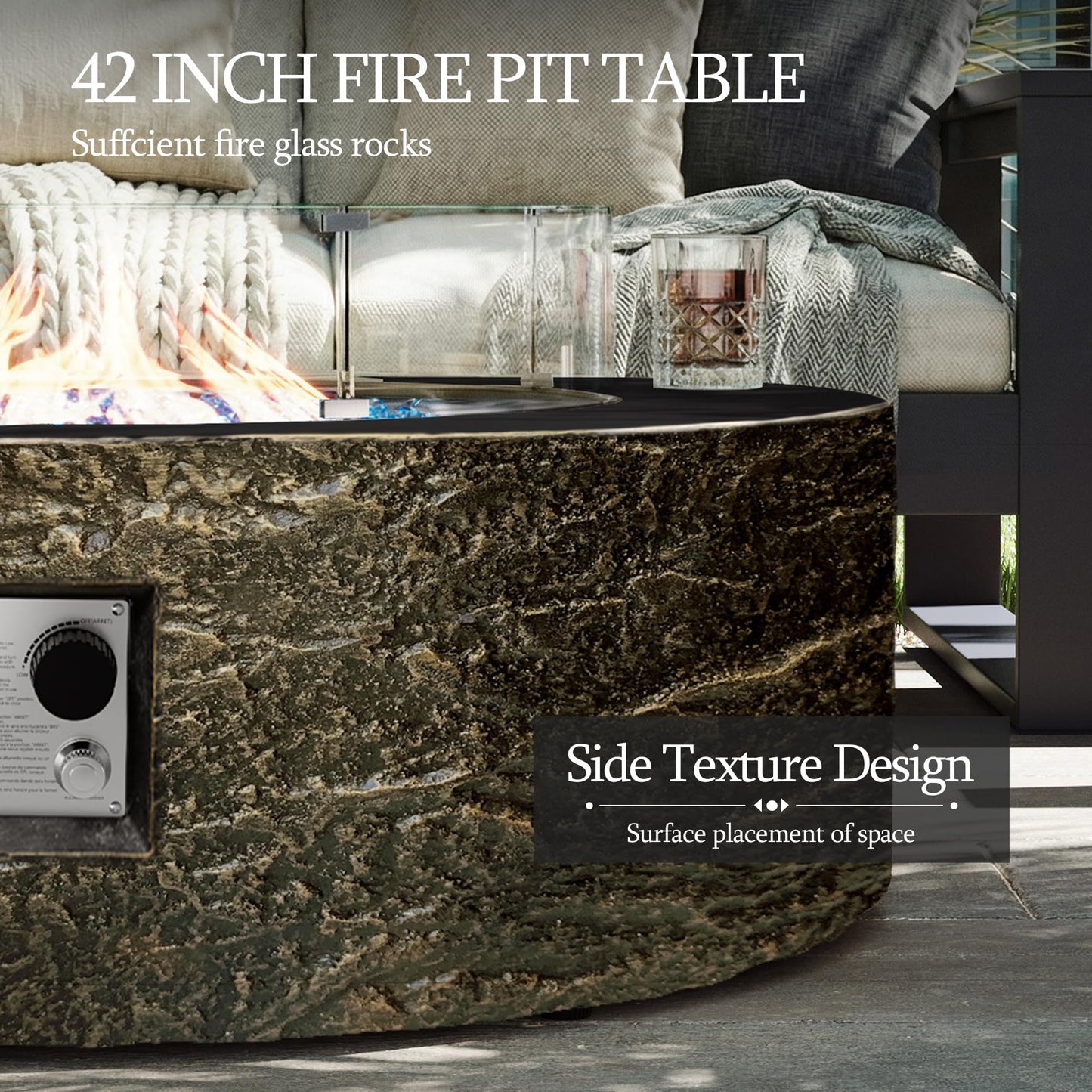 UPHA 42-inch Outdoor Propane Gas Fire Pit Table 50000 BTU Concrete Round FirePit for Outside Patio with Propane Tank Cover, Wind Guard, Blue Glass Rocks, Rain Cover, Bronze