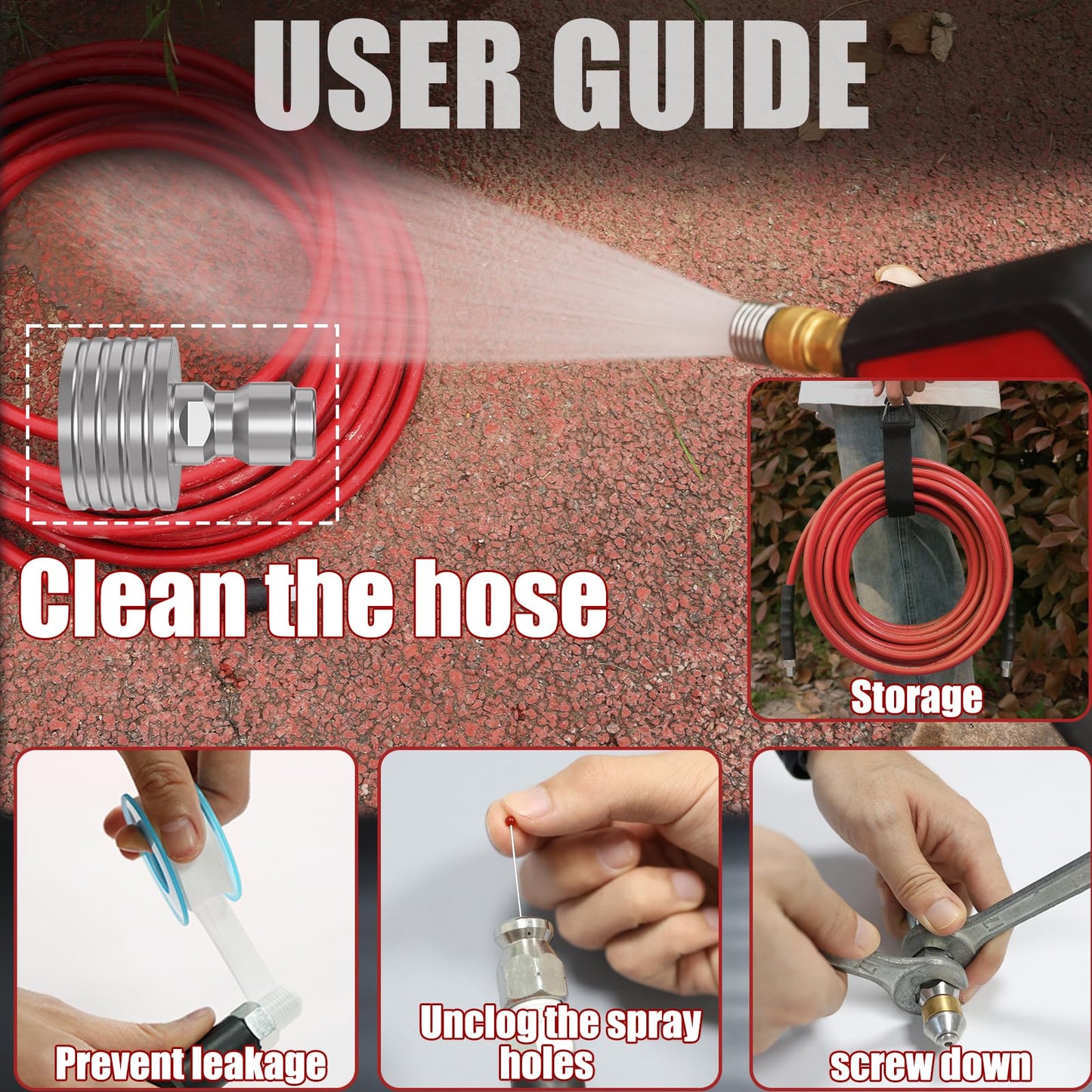 VIVIDWASH 50FT Sewer Jetter Kit for Pressure Washer 5800PSI,1/4" NPT Drain Jetter Hose with 1/4" Quick Plug，3 Sewer Jet Nozzles，Spanners Teflon Tape Gloves and Spray Nozzle for Cleaning