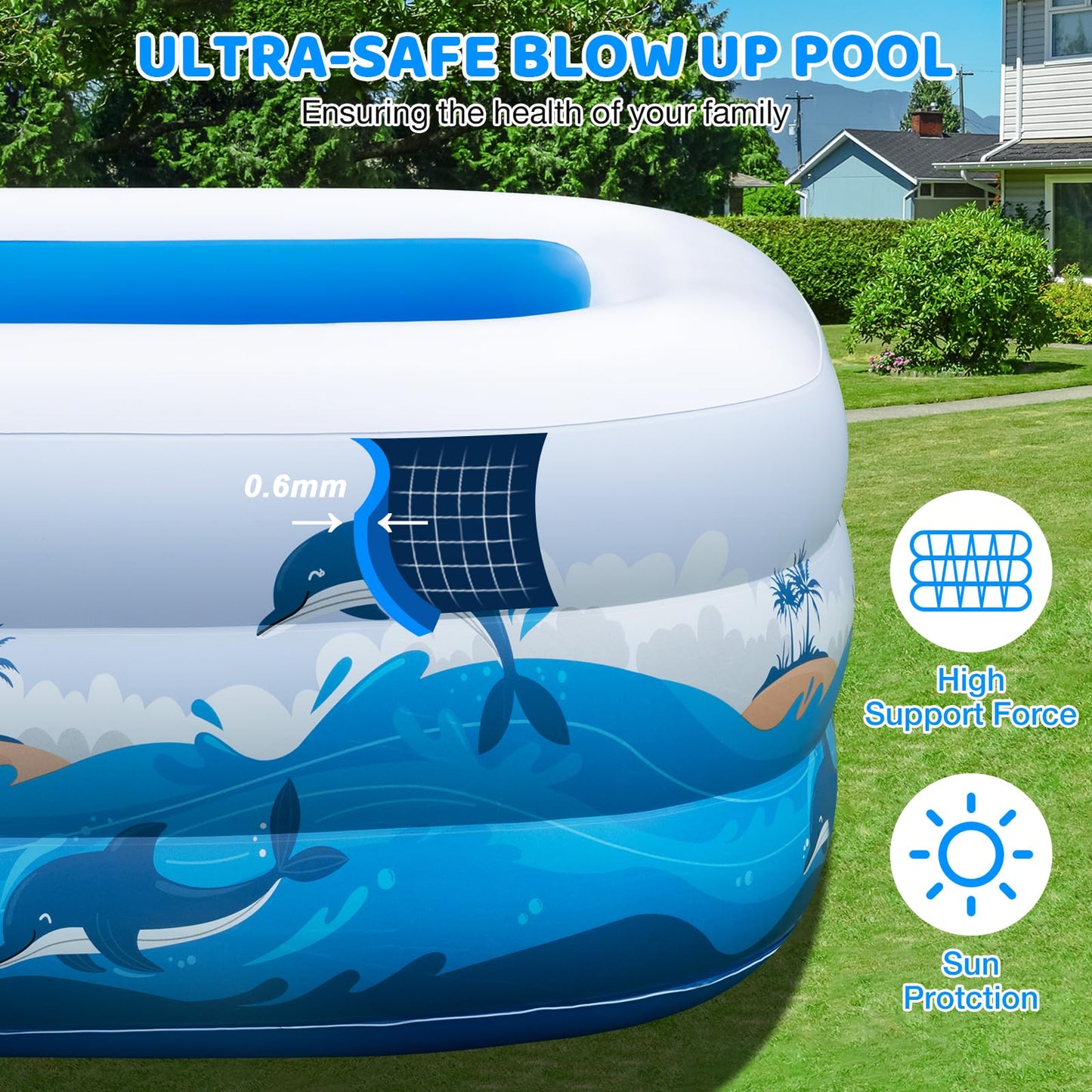 Inflatable Pool for Kids & Adults, 130" x 72" x 22" Large Family Blow Up Pool for Backyard, Thickened PVC Kiddie Pool Above Ground Pool, Easy Setup Summer Outdoor Garden Pool