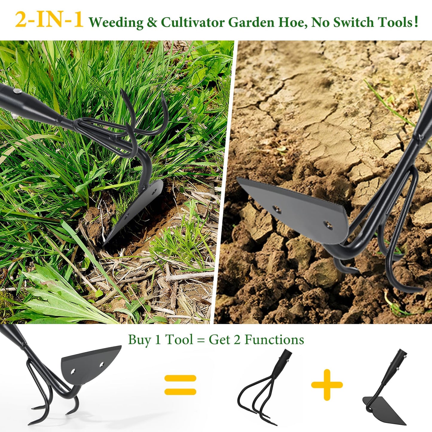 Garden Hoe - Heavy Duty 2 in 1 Hoe Garden Tool with Cultivator Claw Rake,75 Inch Long Handle Hoes for Weeding,Loosening Soil,Hand Weeder Tools for Indoor Outdoor Gardening,Planting,Cultivating,Digging