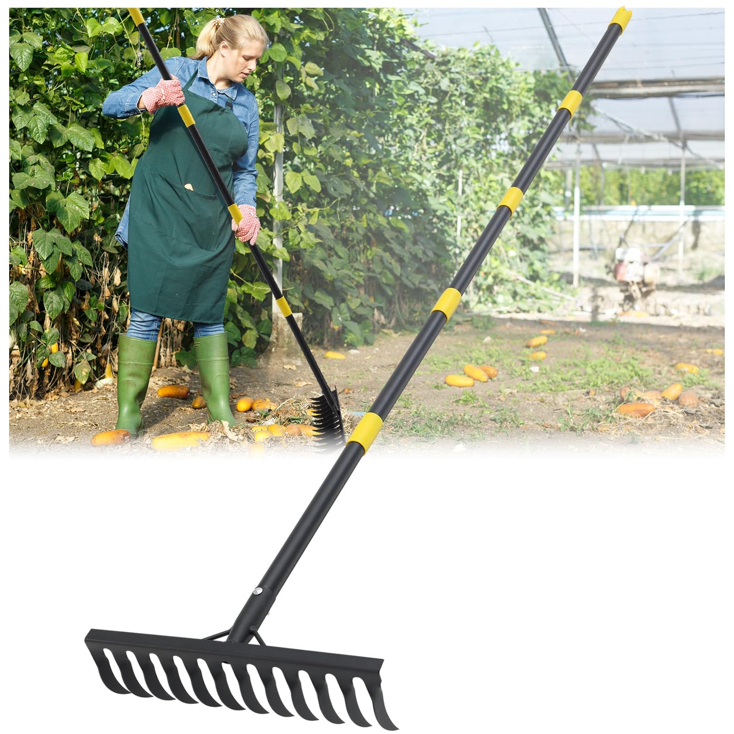 Bow Rake, 78" Heavy Duty Garden Tools Lawn Leveling Rake with Long Handle, 12 Tines Garden Tools Metal Head for Loosening Soil, Cleaning the Leaves and Weeding Control, Leaf, Thatch, Landscape Tools