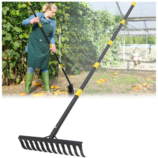 Bow Rake, 78" Heavy Duty Garden Tools Lawn Leveling Rake with Long Handle, 12 Tines Garden Tools Metal Head for Loosening Soil, Cleaning the Leaves and Weeding Control, Leaf, Thatch, Landscape Tools