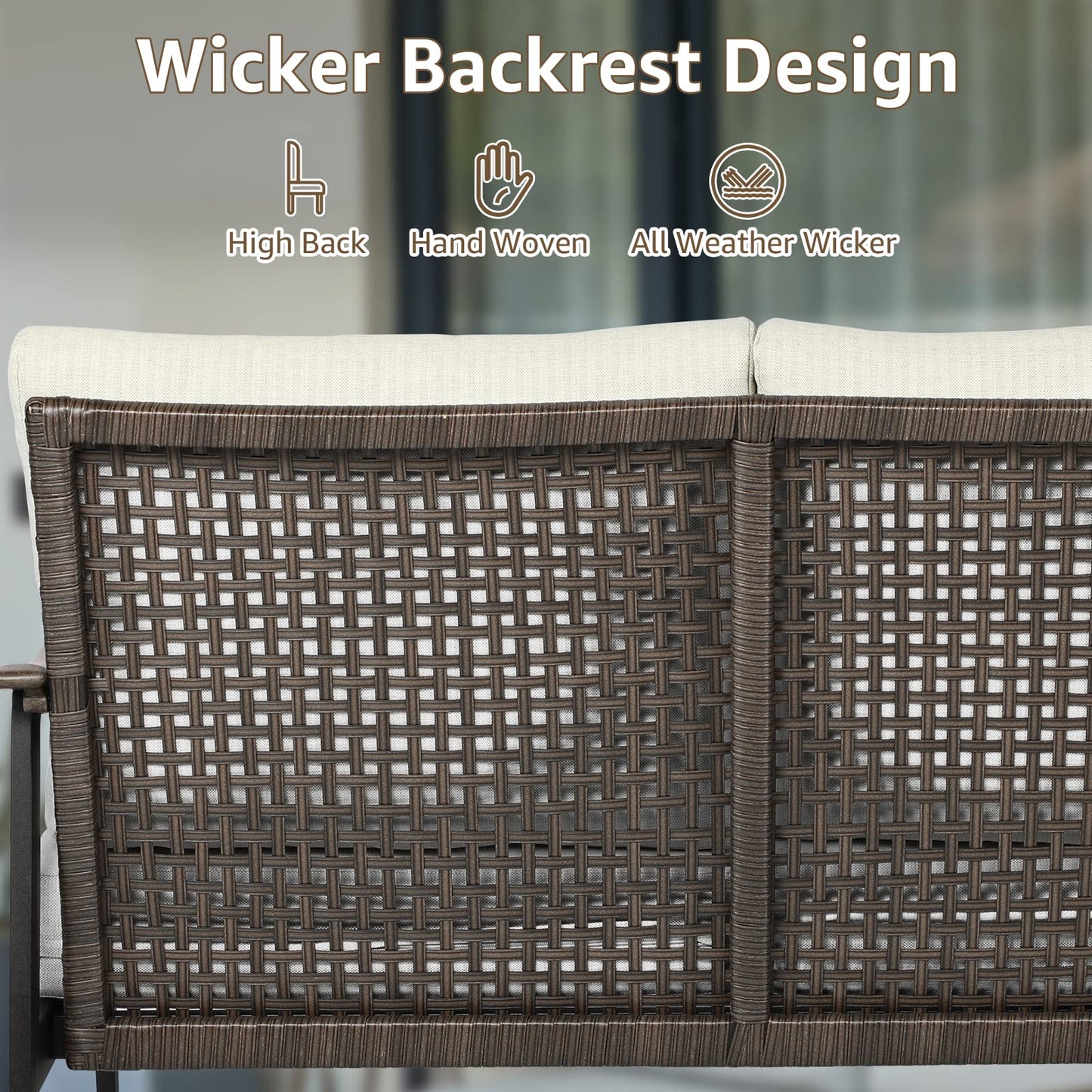 NATURAL EXPRESSIONS Patio Loveseat Sofa Outdoor Furniture Metal Chair with Wicker Backrest & 6 Inches Cushion for Indoor, Front Porch, Deck, Balcony, Backyard, 51.77"(L) x 29.75"(W) x 33.86"(H).