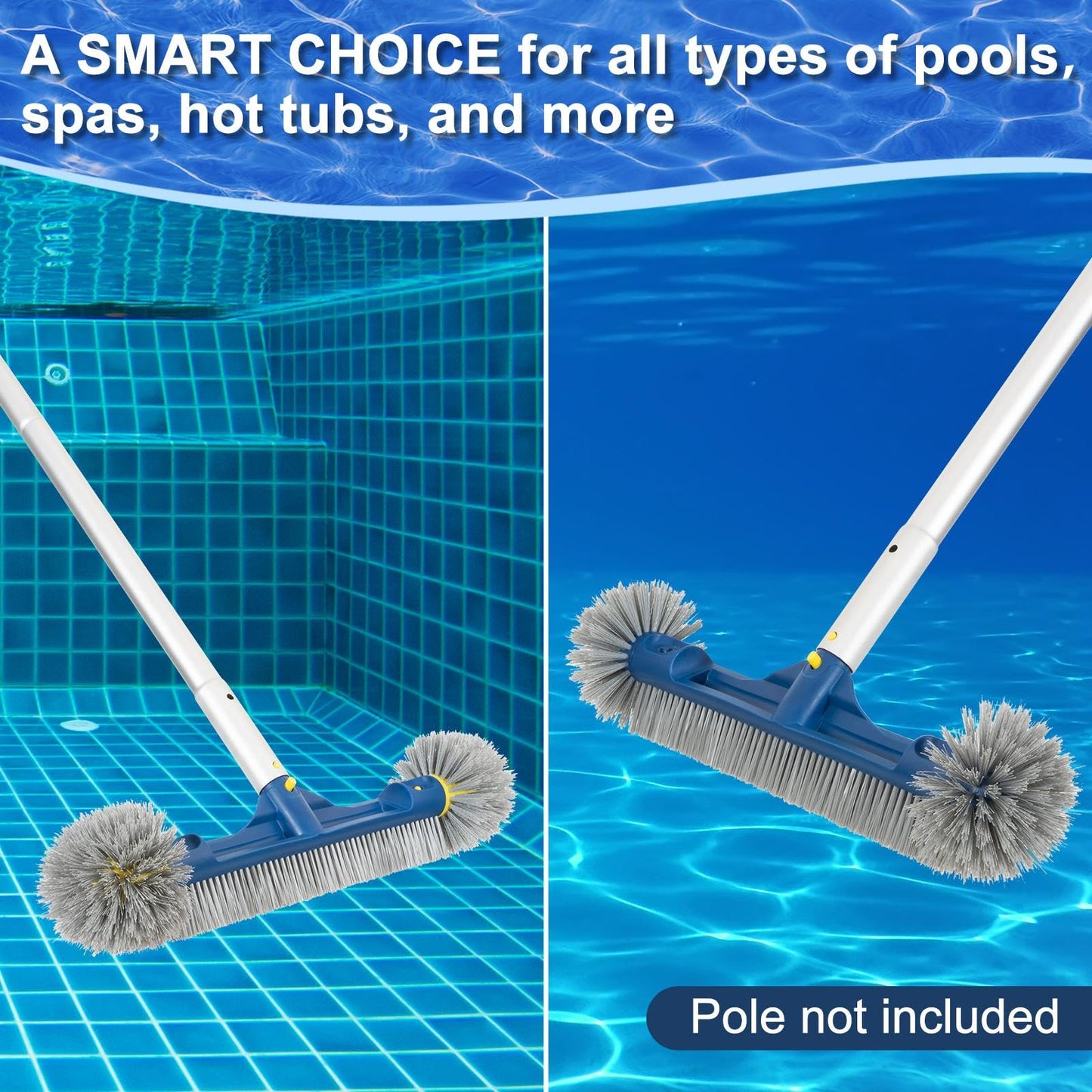 POOLAZA 18’’ & 20’’ Pool Brushes with Round Ends, Detachable Pool Brushes for Cleaning Pool Walls & Tiles, 2 in 1 Pool Brush Head for Inground Pools/Above Ground Pools,High-Efficient Pool Scrub Brush