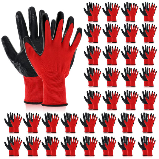 Potchen 36 Pairs Work Gloves for Men Safety Work Bulk Gardening Construction Gloves with Grip Nitrile Coated for Women(Red and Black)