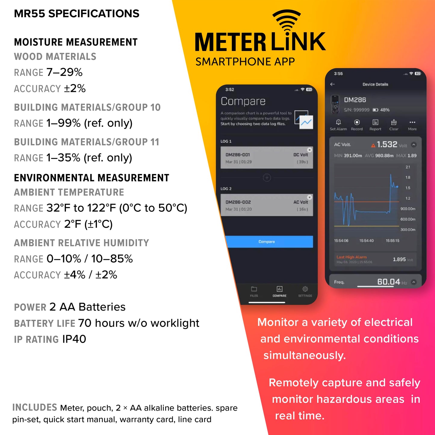 FLIR MR55 - Pin Moisture Meter with Bluetooth for Instant Data Sharing via The FLIR Tools Mobile app.