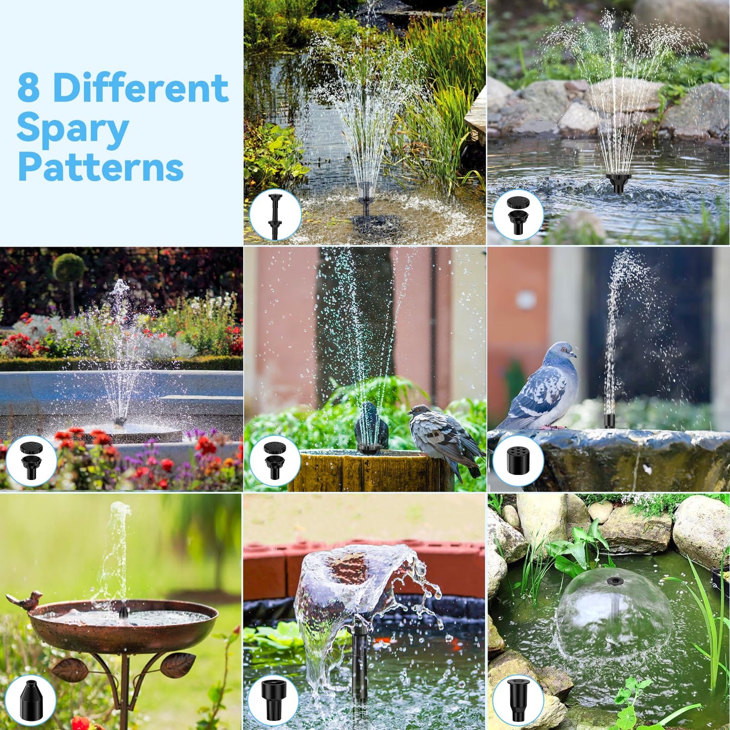 POPOSOAP 8W Solar Water Pump Built-in 3600mAh Battery Backup, Solar Bird Bath Pump with 9.8Ft Cable, 8 Nozzles & PVC Tubing, Solar Fountain for Bird Bath Garden Fish Tank Pond Water Feature P108D