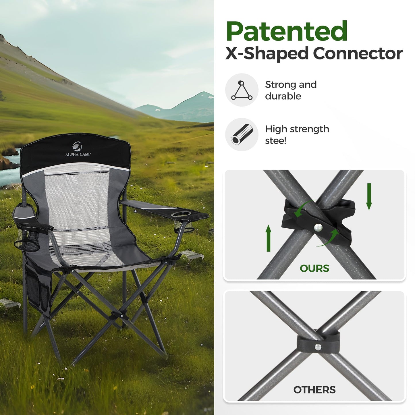 ALPHA CAMP 2PC Oversized Mesh Back Camping Folding Chair Heavy Duty Support 350 LBS Collapsible Steel Frame Quad Chair Padded Arm Chair with Cup Holder Portable for Outdoor (Black-2PC)
