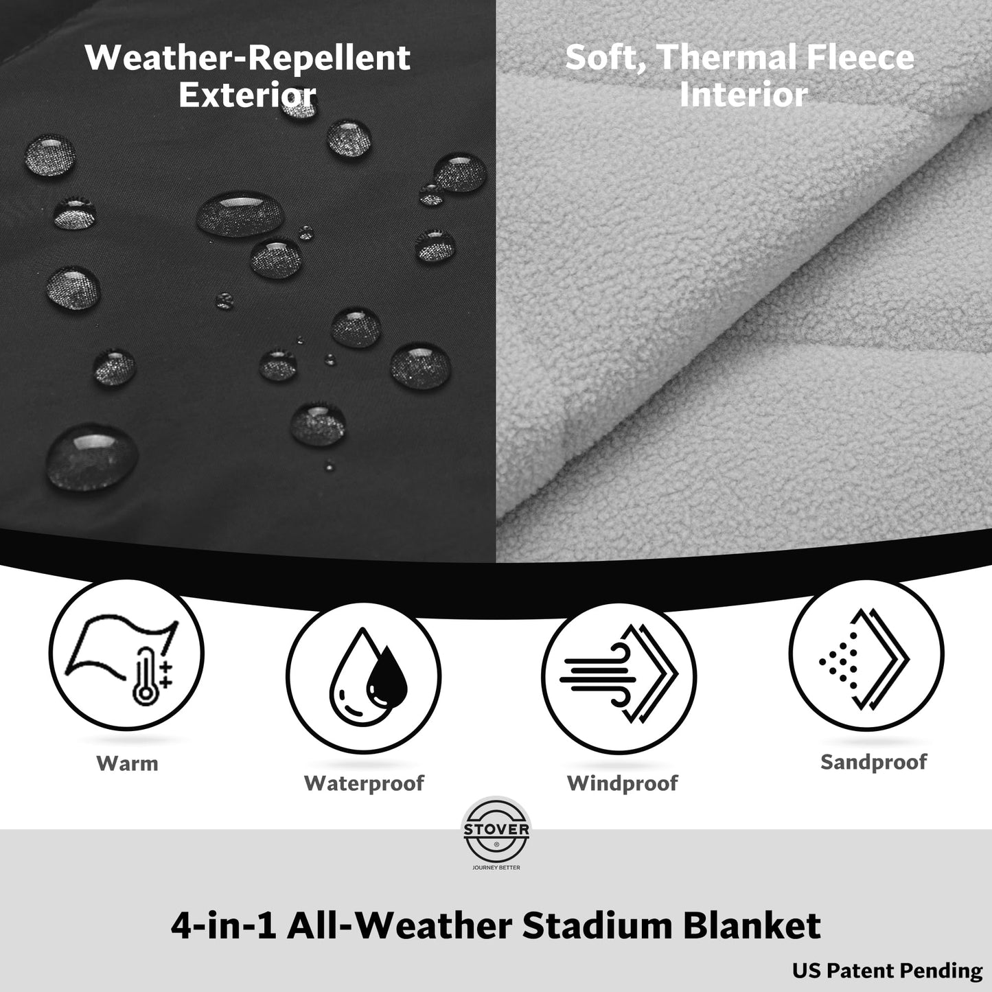 STOVER Large Waterproof Outdoor Stadium Blanket- Extra Thick Soft Fleece Camping Blanket for Travel, Picnics, Sports, Dogs- 79"x55", Warm, Windproof, Sand-Proof, Lightweight, Packable (Stadium Black)