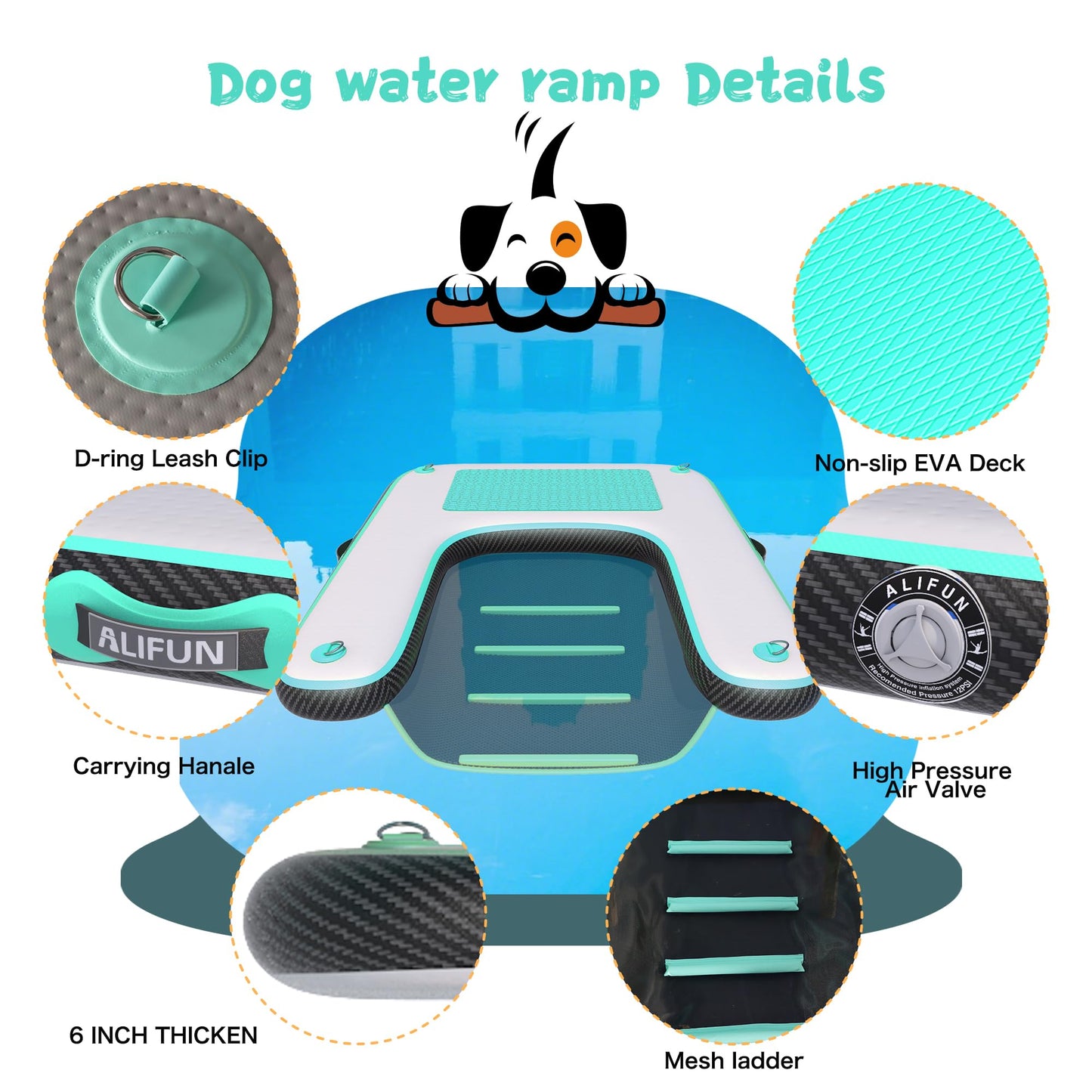 ALIFUN Inflatable Dog Ramp For Boat, Large Dog Water Ramp with Manual Pump, Non-Slip EVA Durable Floating Dock Ladder Up to 90 LBs, Pup Plank for Swimming Pool, Boat, Lake & Ocean (47"L x 39"W x 4"H)