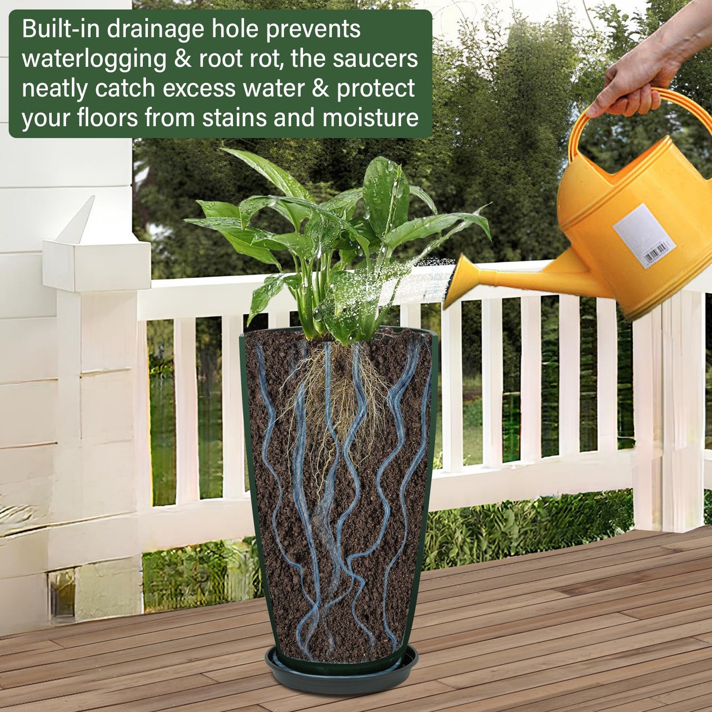 Neoaider Set of 2 Lightweight Ceramic-Look Tall Planter, 21 inch Large Plastic Planter with Drain Hole & Saucers, Large Outdoor Planters for Porch, Garden, Patio, Balcony(Dark Green)