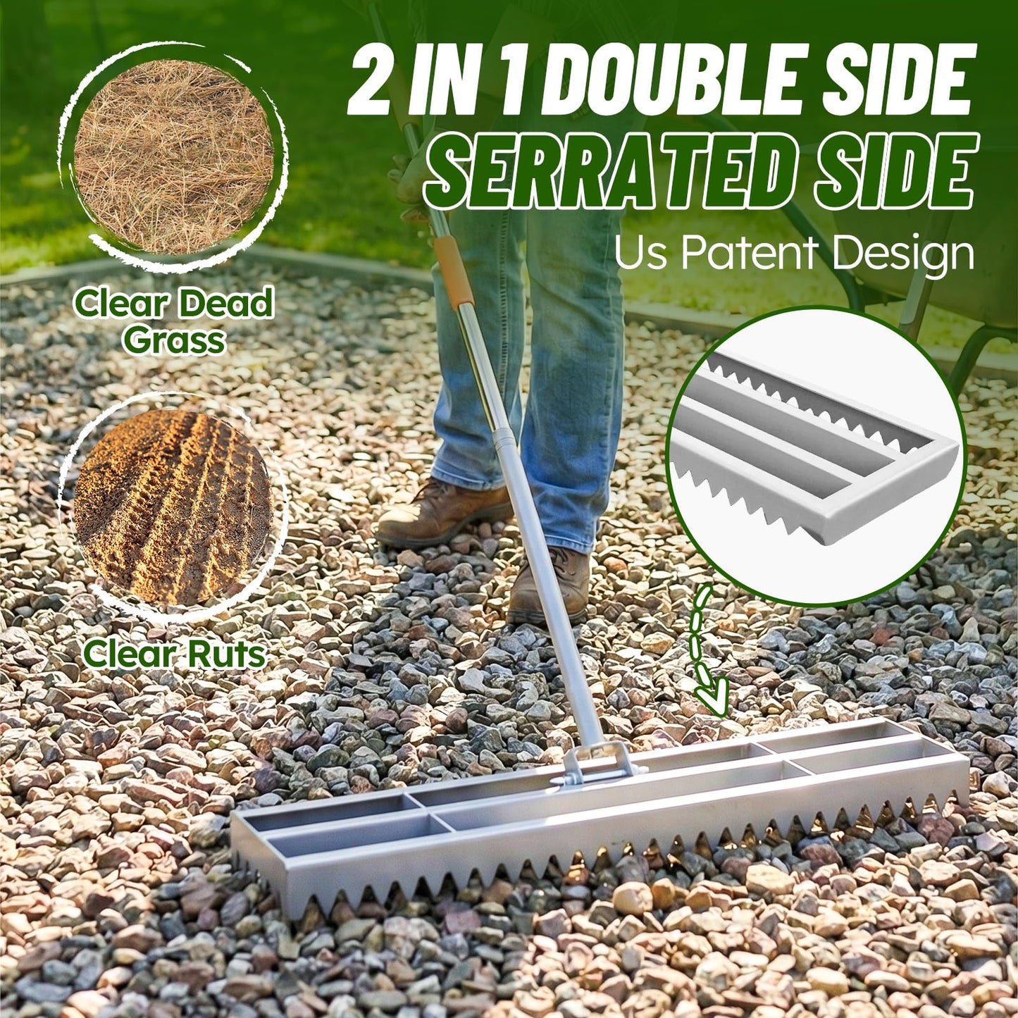 Lawn Leveling Rake, 2-in-1 Double-Sided Landscape Leveler with 20 Marking Flags for Low Spot, 30"×10" Heavy Duty Stainless Steel Flat & Serrated Side for Soil Sand Gravel, Yard Garden Golf Course