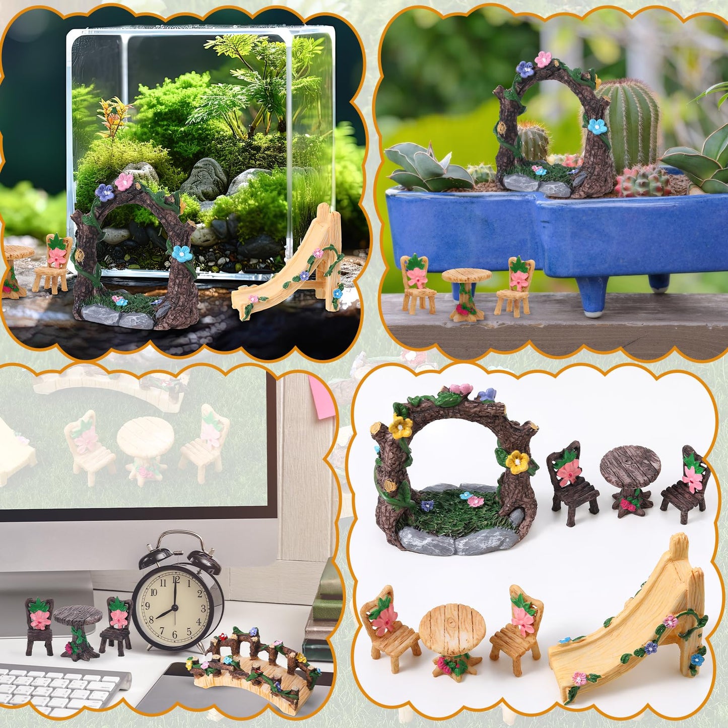 9 Pcs Fairy Garden Accessories - Miniature Garden Kit Landscape Decorations Table and Chairs Set Fairy Garden Furniture Ornaments Bridge Flower Slide Figurine for Terrarium Potted Plants, Dollhouse