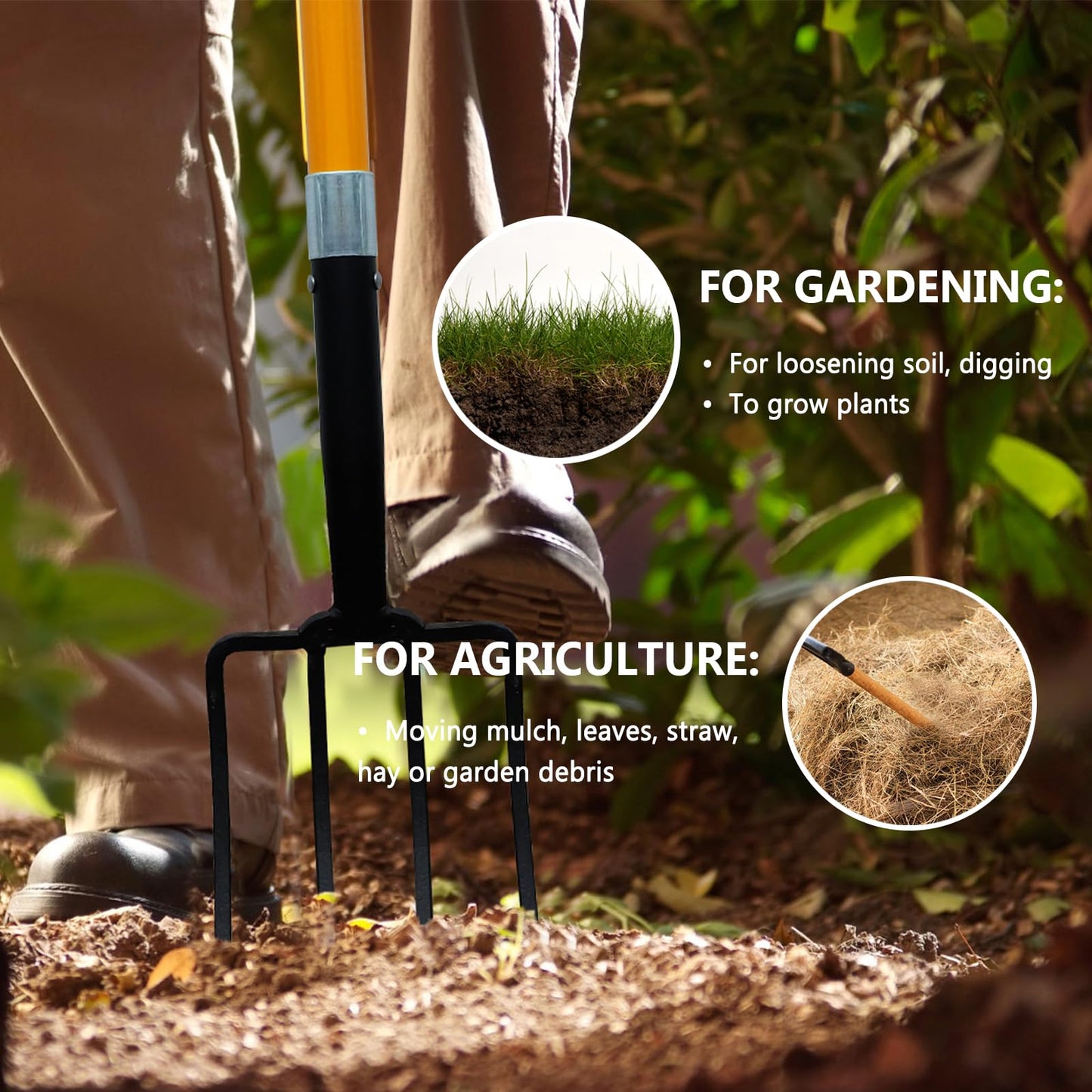 HORIJUNKE Garden Fork, 4-Tines Pitchforks,45-Inch Pitchfork for Gardening,Fiberglass Digging Fork Pole, D-Handle