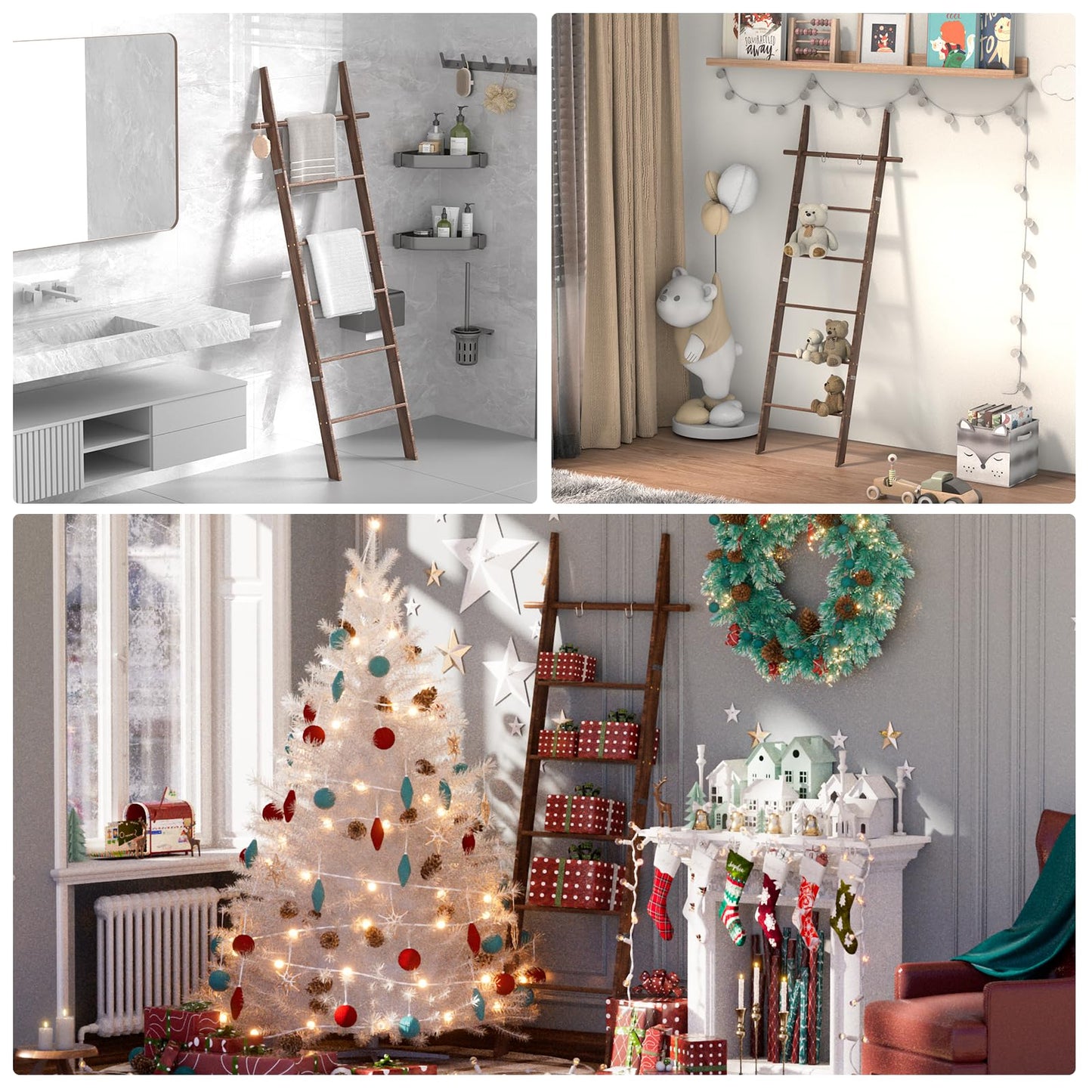 chilinii Farmhouse Wooden Blanket Ladder with Removable Hooks, 6-Tier Rustic Blanket Rack Decorative Stand, Leaning Towel Quilt Rack Holder for Bathroom Living Room Decor Brown