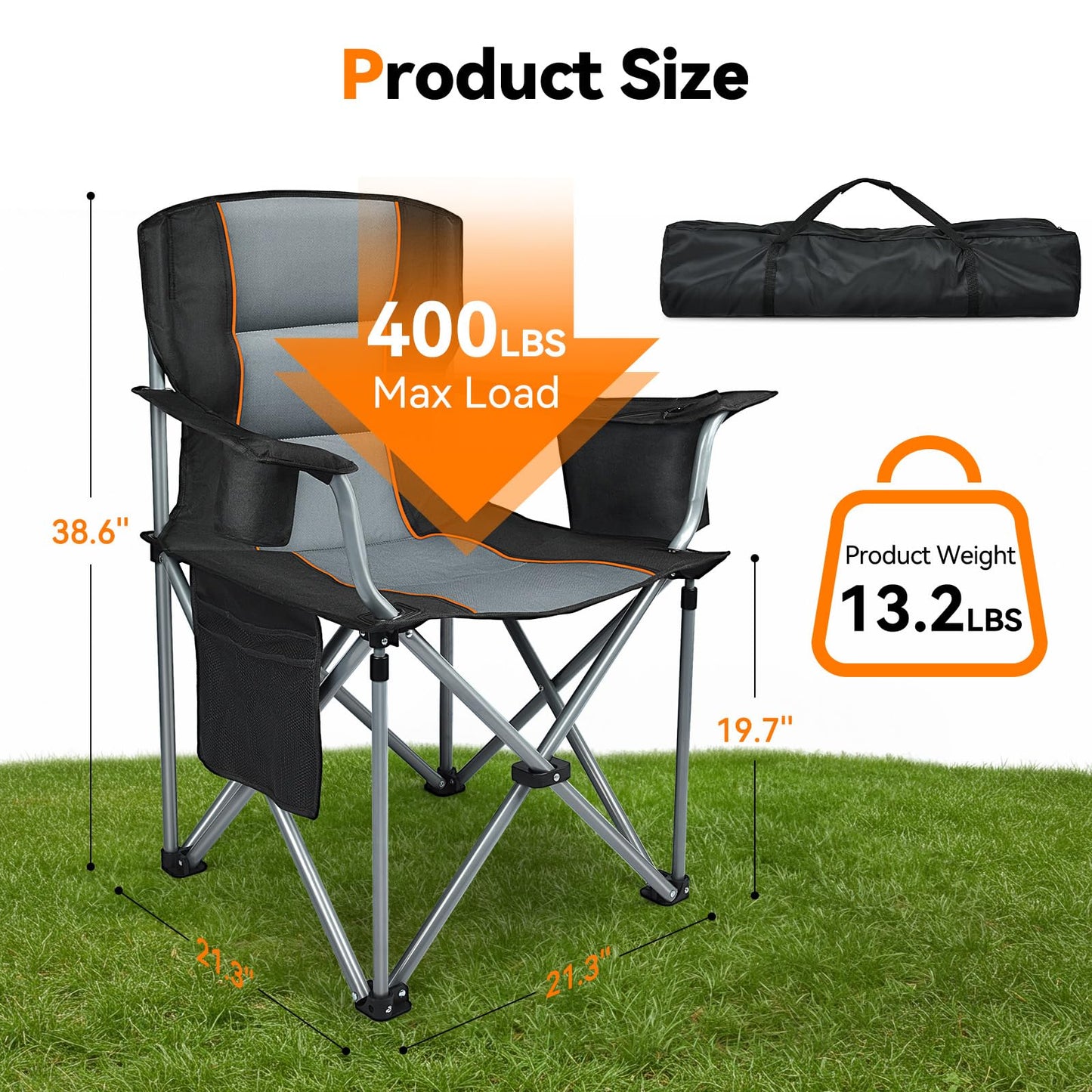 Camping Chairs, 2 Pack Oversized Heavy Duty Fully Padded Outdoor Folding Chairs with Cup Holder, Cooler Bag and Side Pocket, Support 400 LBS, Carry Bag Included, Versatile for Sports,Outdoors & Lawns