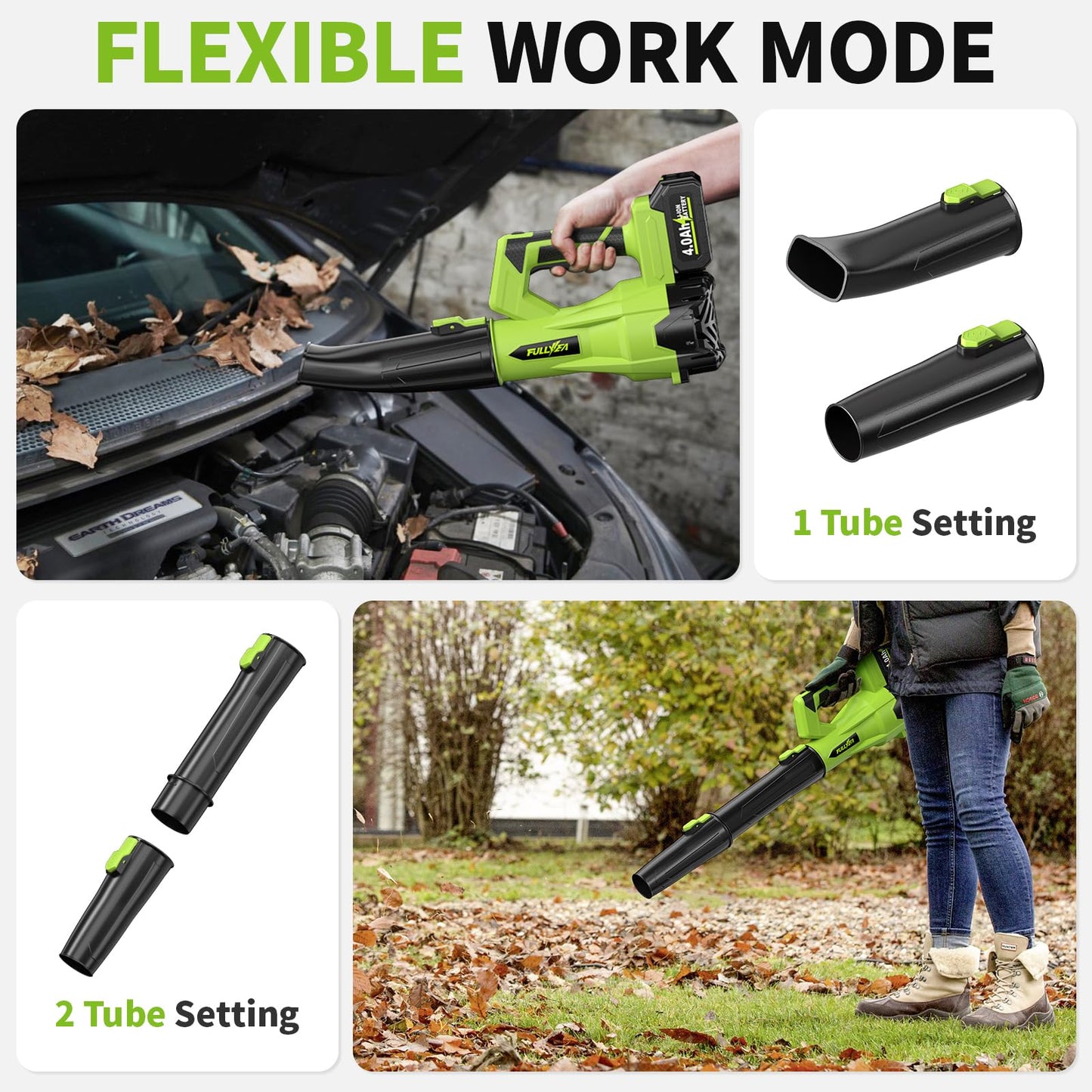 FULLYEA Leaf Blower Cordless 500CFM/150MPH, Cordless Leaf Blower with 2 x 4.0Ah Batteries & 3 Tubes, 6 Speed Modes, Electric Leaf Blowers Battery Powered for Cleaning Patio, Yard, Garage, Lawn (Green)