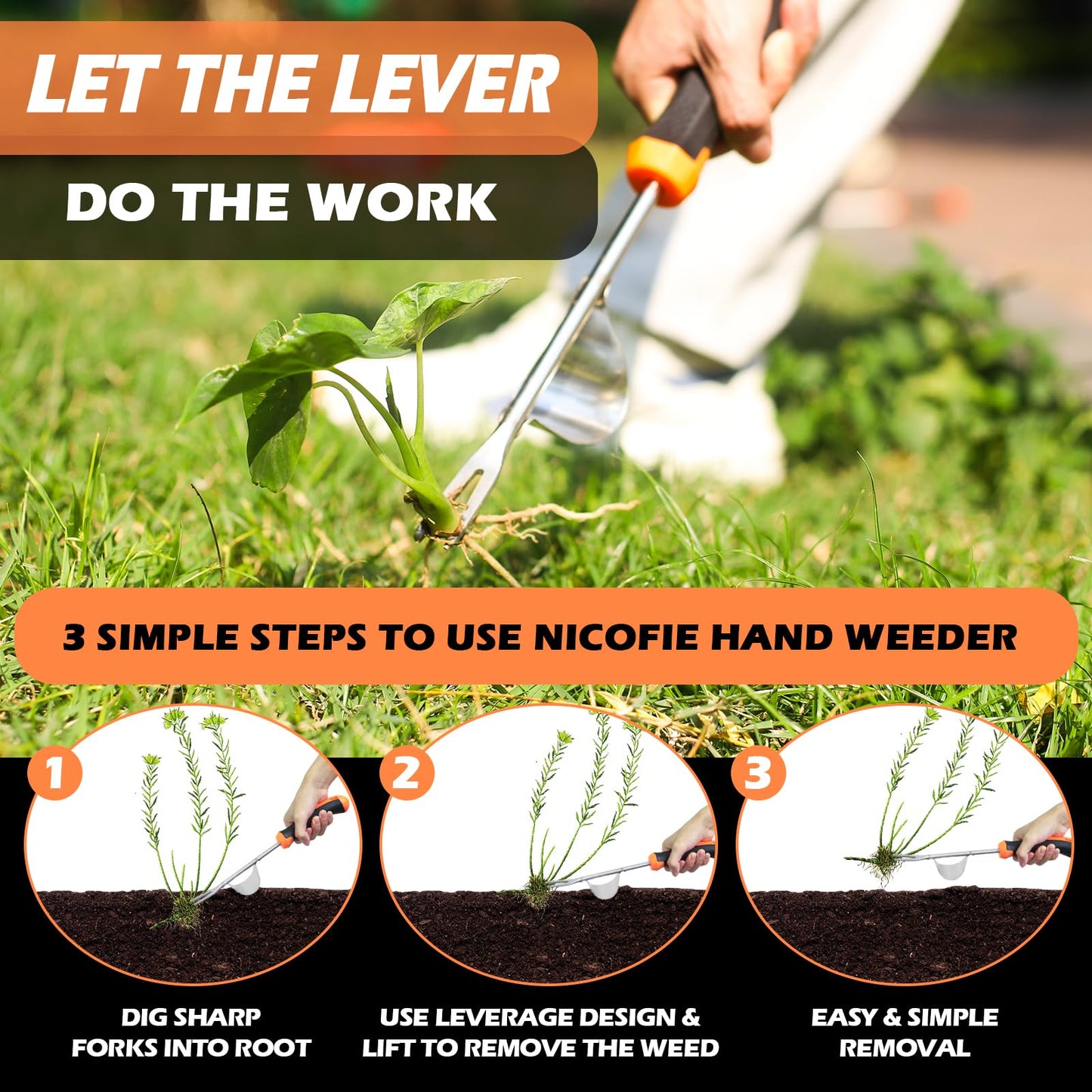 Nicofie 2026 Hand Weeder Tool, Rubber Handle Manual Weeder Puller Tool, Uprooting Weeding Tools, Crack Weeder Crevice, 4 Teeth Weeding Tool, Weeding Artifact Tool for Gardening(3 Pcs)