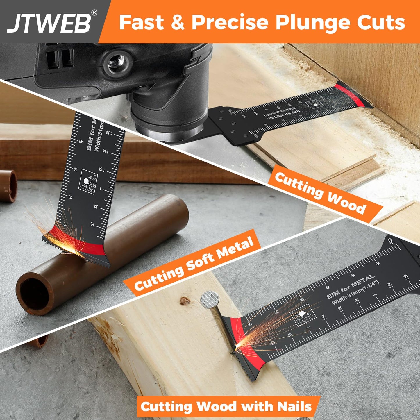 JTWEB Extra Long Oscillating Saw Blades - 30PCS Arc-Shaped Edge Bi-Metal Multitool Blades Precise Cut for Wood with Nails, Metal, Universal Quick Release Power Oscillating Tool Blades Kits