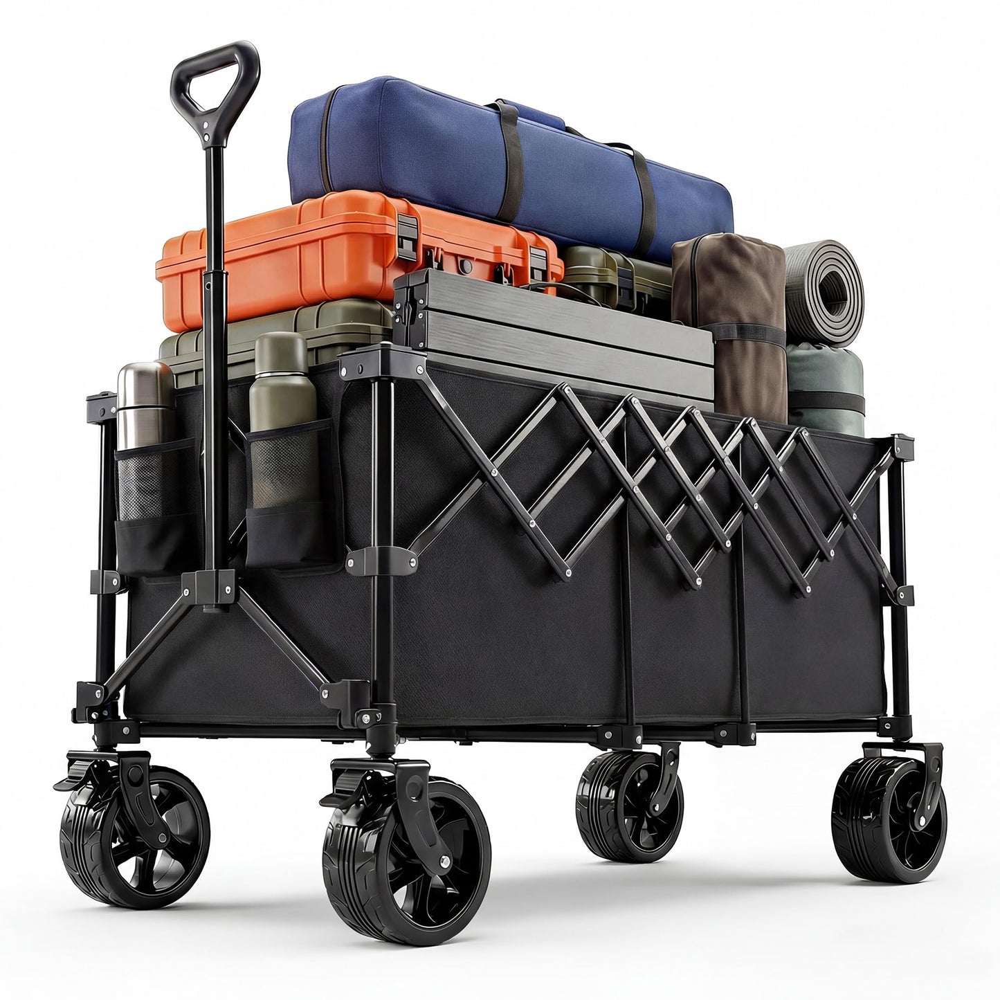 NEWBULIG Wagon Carts Foldable - 440LB Extra-Long Heavy-Duty Collapsible Wagon with All-Terrain Wheels, Portable Storage Shopping Cart for Groceries, Camping, Sports, Beach, Garden
