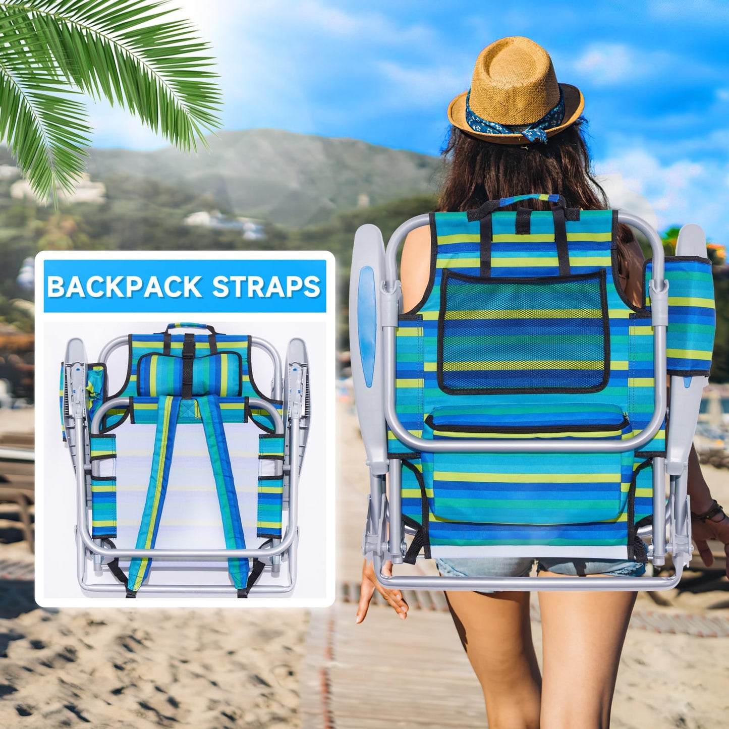 Canpsky Portable Beach Chair for Adults, Outdoor Camping Chair Lay Flat Folding Backpack Beach Reclining Chair with 5 Positions, Headrest, Cup Holder, Heavy Ocean Striped