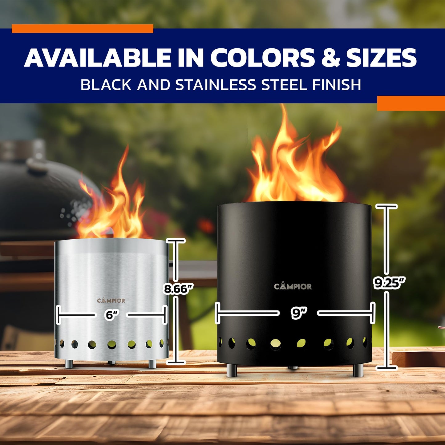 CAMPIOR Wood Burning Fire Pit Stove - Smokeless Outdoor Stove for Wood Fires, Camping, Cooking, and Garden Gatherings, Durable, Stainless Steel with Removable Ash Pan, with Stand and Black Carry Bag