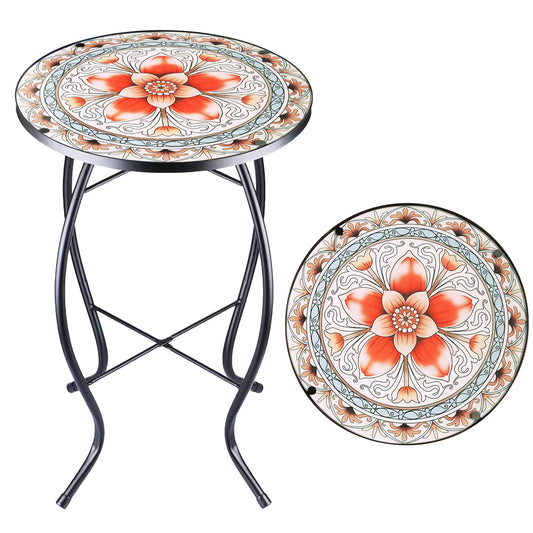 Arbuxzuy 12 Inch Small Outdoor Side Table with Pink Flower, Glass Mosaic Patio Table Indoor, Round Plant Coffee Table for Living Room, Balcony, Garden