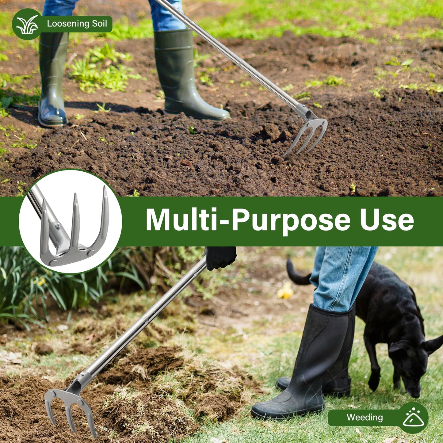 Hand Rake Garden Tool - 57" Long Handle Soil Tiller Cultivator Weeding Rake, 3-Tine Heavy Duty Carbon Steel with D-Grip for Effortless Weeds Digging, Soil Loosening, Planting